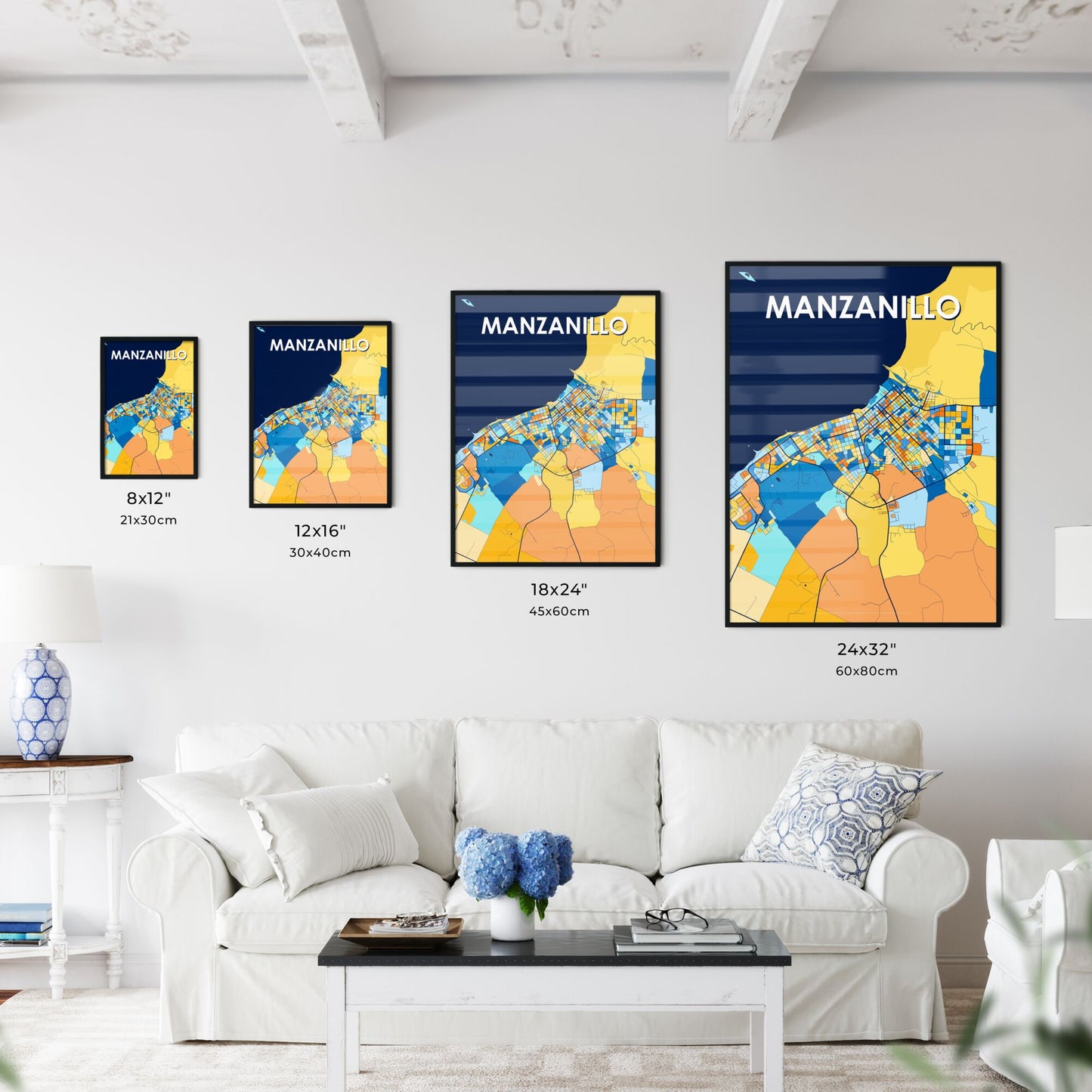 MANZANILLO CUBA Vibrant Colorful Art Map Poster Blue Orange