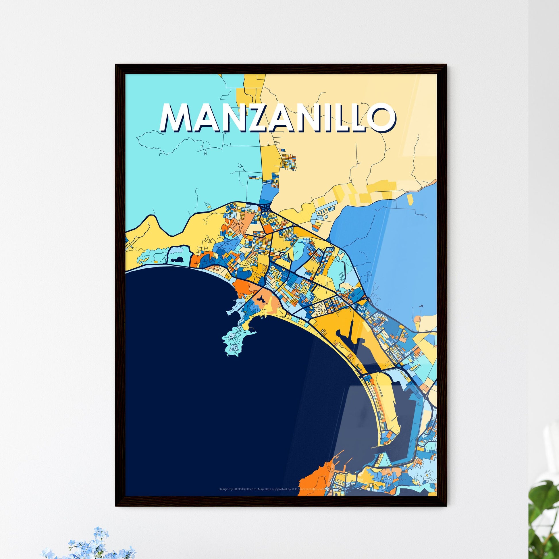 MANZANILLO MEXICO Vibrant Colorful Art Map Poster Blue Orange