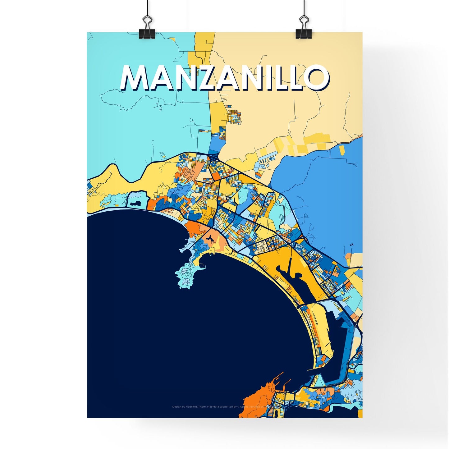 MANZANILLO MEXICO Vibrant Colorful Art Map Poster Blue Orange