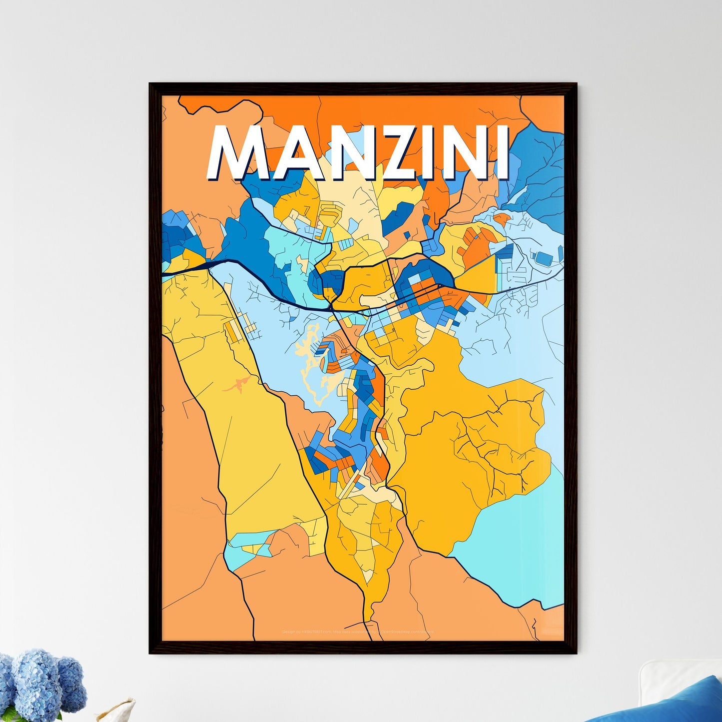 MANZINI ESWATINI Vibrant Colorful Art Map Poster Blue Orange