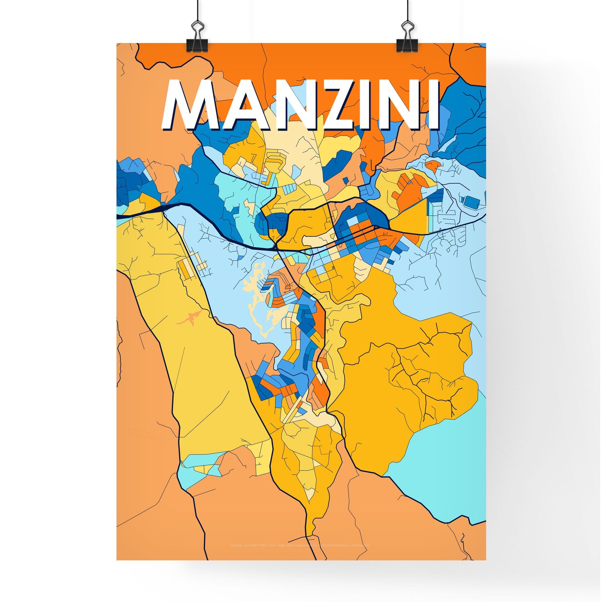 MANZINI ESWATINI Vibrant Colorful Art Map Poster Blue Orange