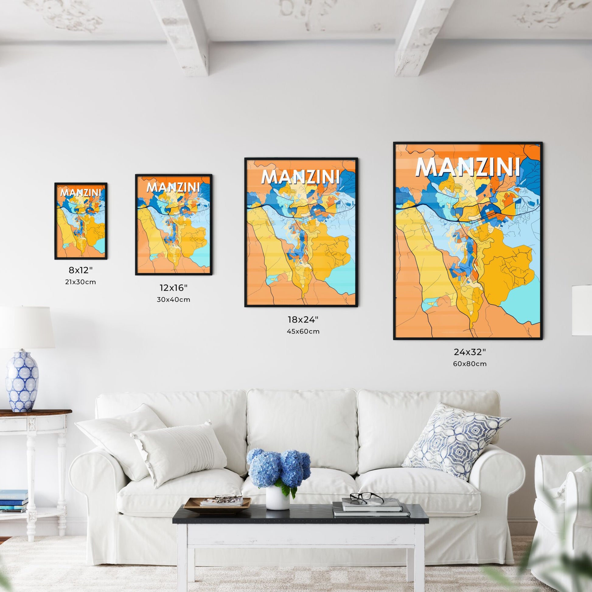 MANZINI ESWATINI Vibrant Colorful Art Map Poster Blue Orange