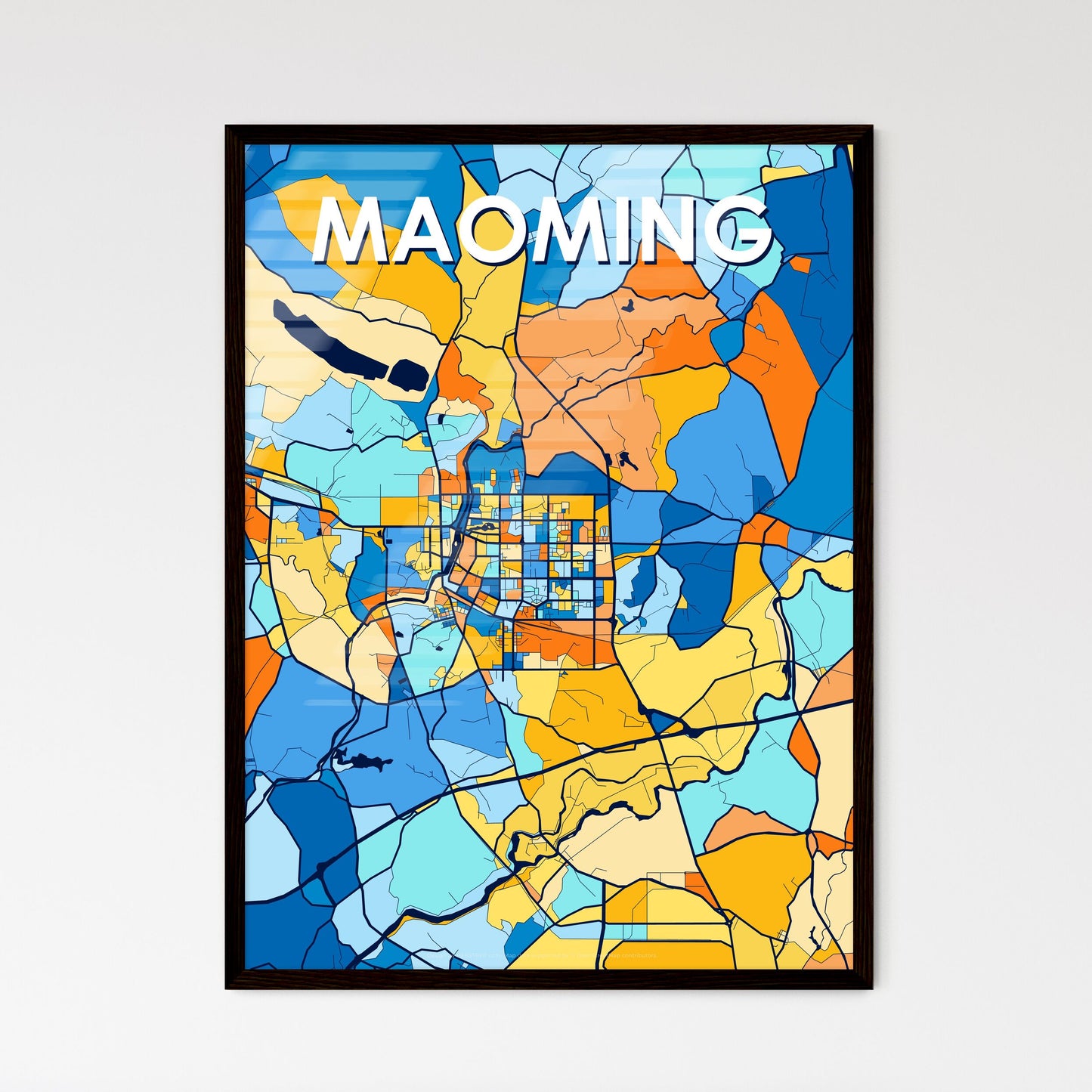 MAOMING CHINA Vibrant Colorful Art Map Poster Blue Orange