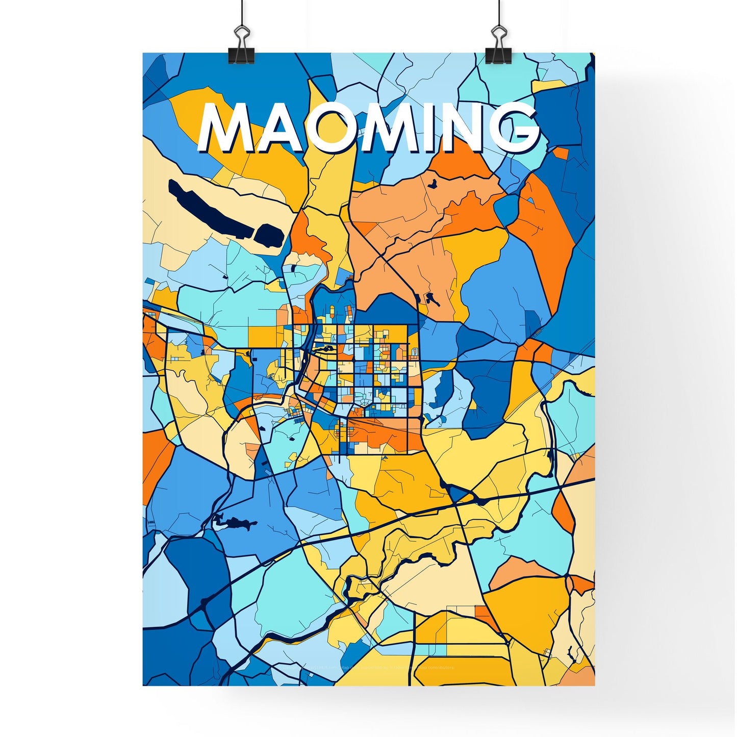 MAOMING CHINA Vibrant Colorful Art Map Poster Blue Orange