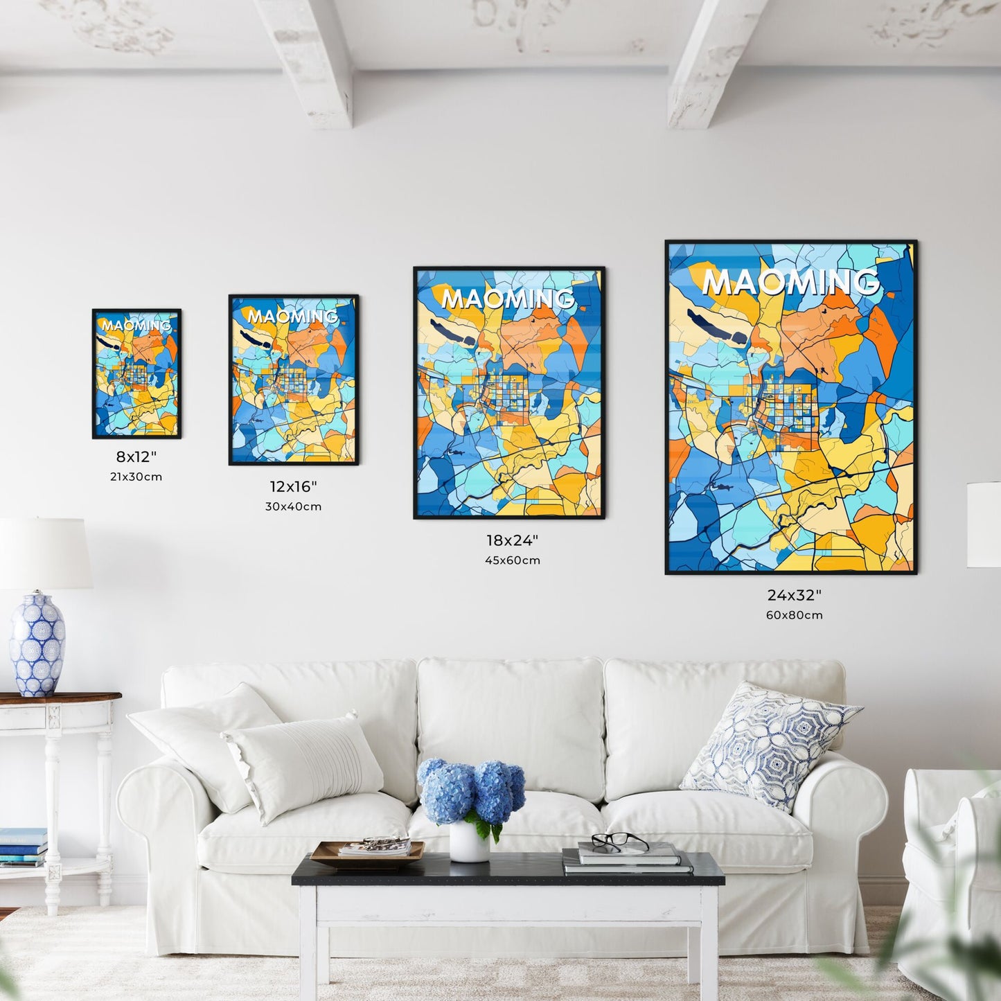 MAOMING CHINA Vibrant Colorful Art Map Poster Blue Orange