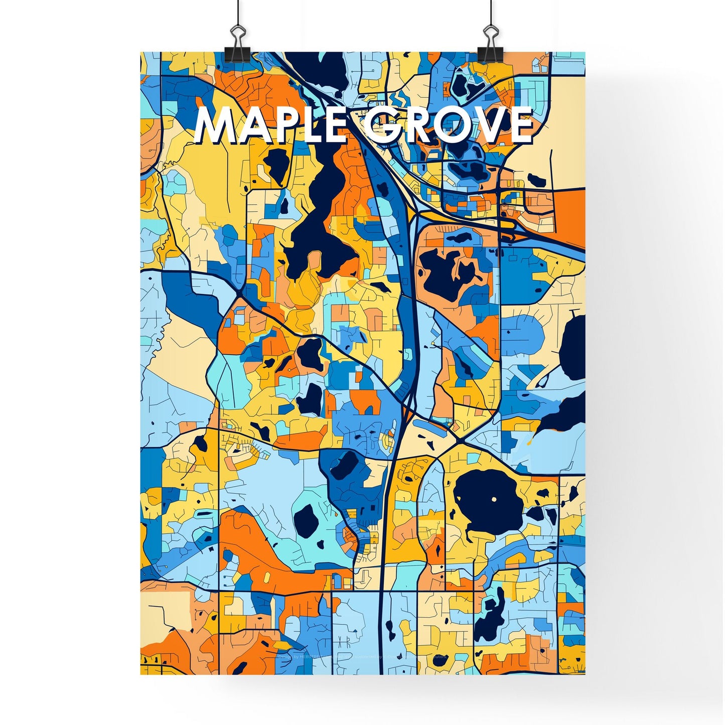 MAPLE GROVE MINNESOTA Vibrant Colorful Art Map Poster Blue Orange