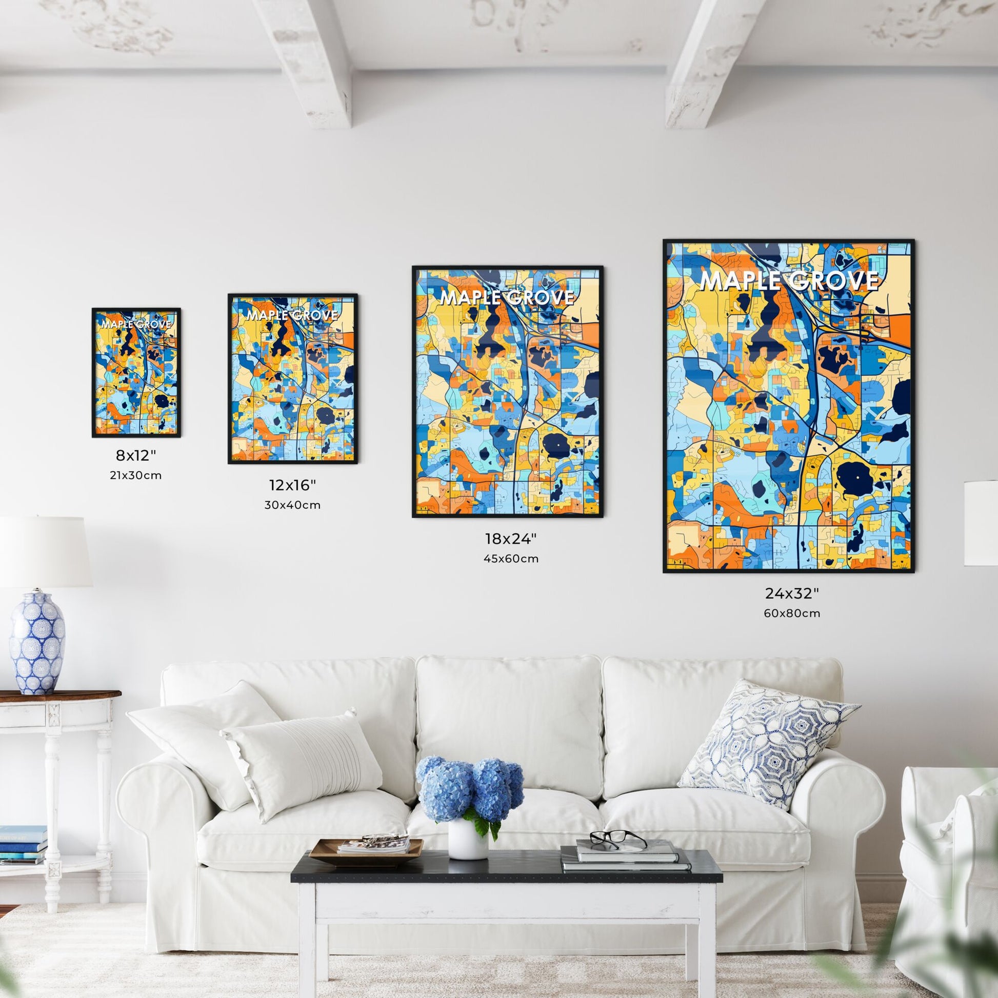 MAPLE GROVE MINNESOTA Vibrant Colorful Art Map Poster Blue Orange