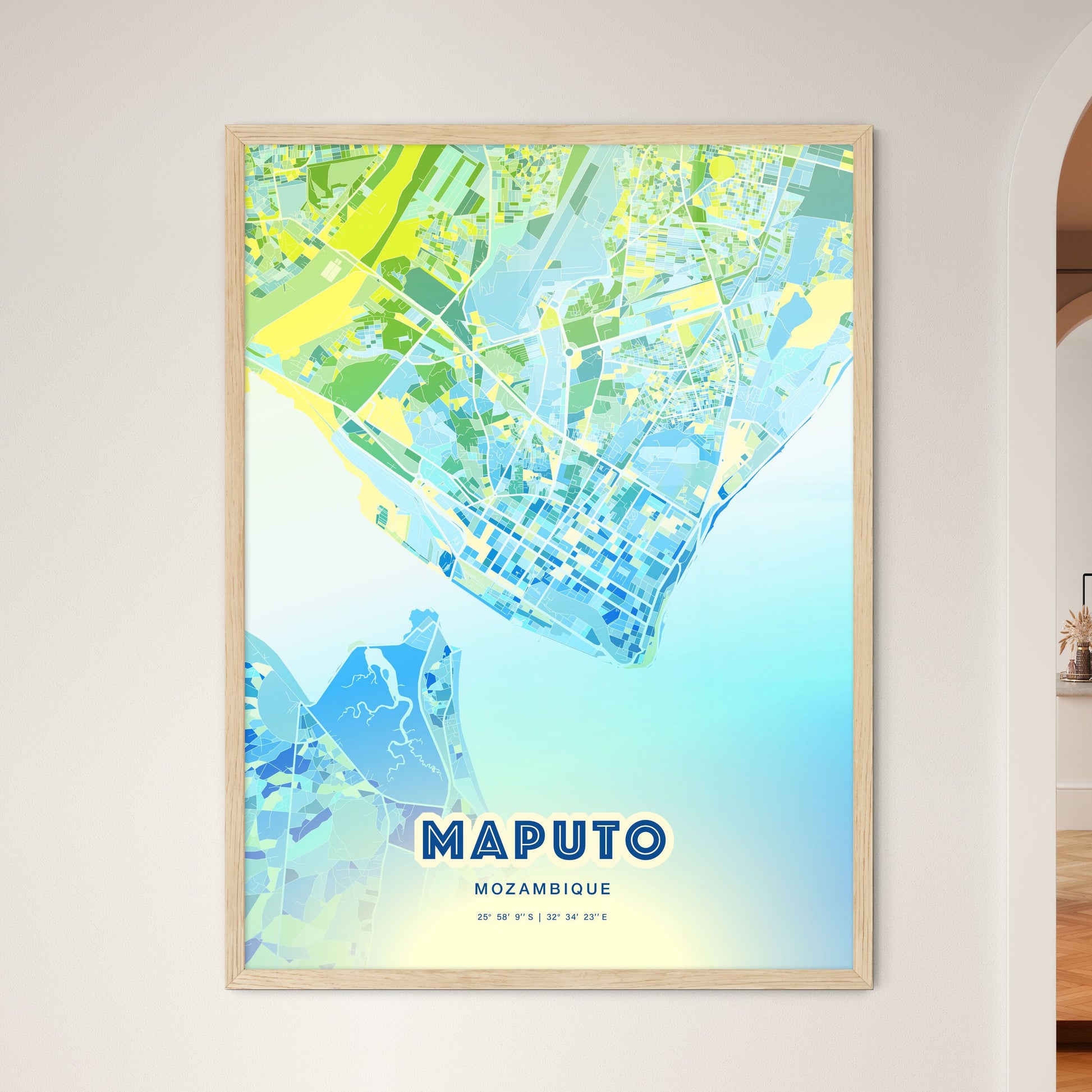 Colorful Maputo Mozambique Fine Art Map Cool Blue