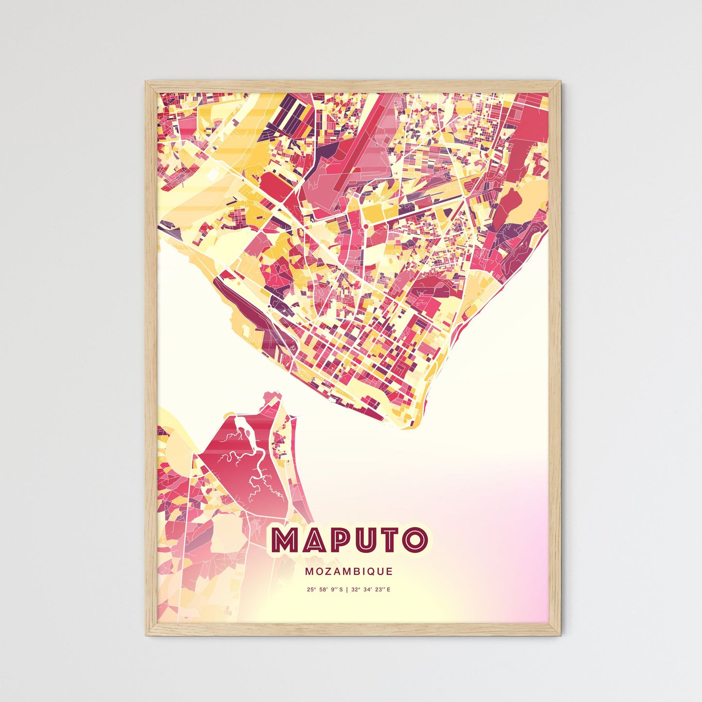 Colorful Maputo Mozambique Fine Art Map Hot Red