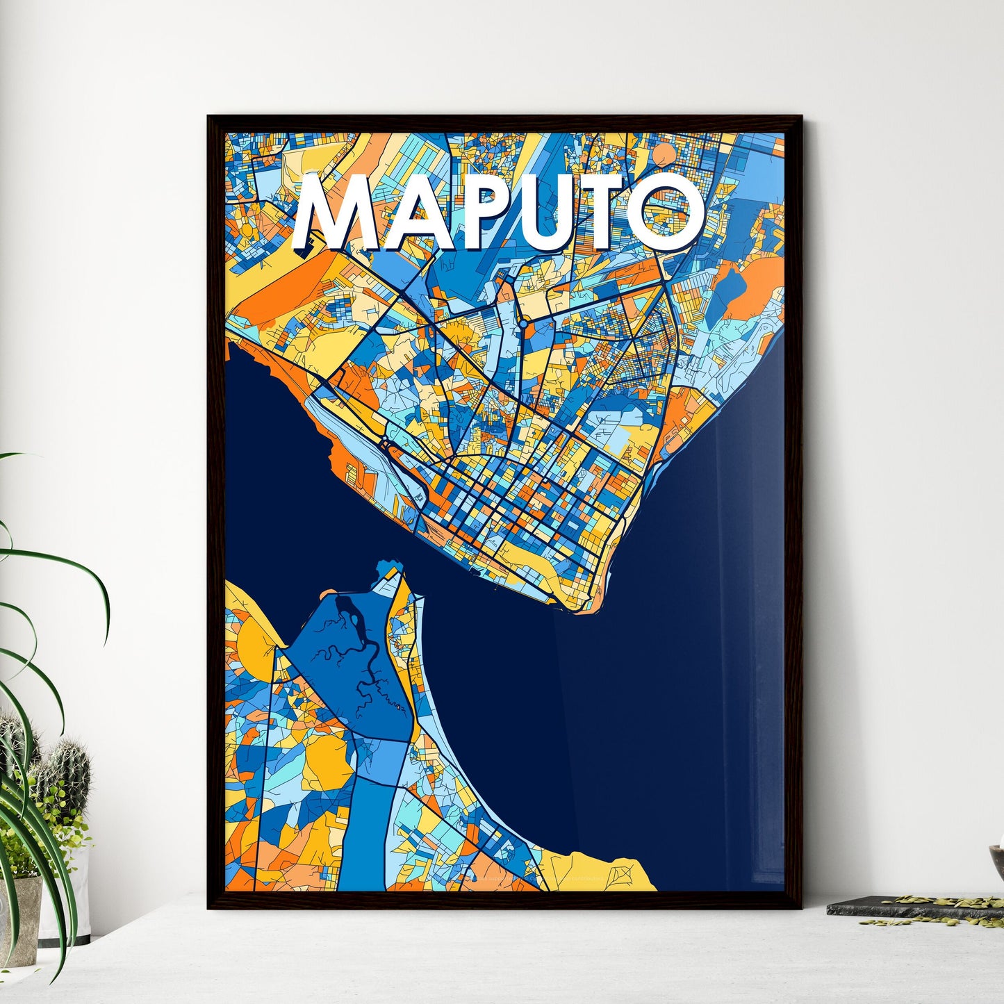 MAPUTO MOZAMBIQUE Vibrant Colorful Art Map Poster Blue Orange