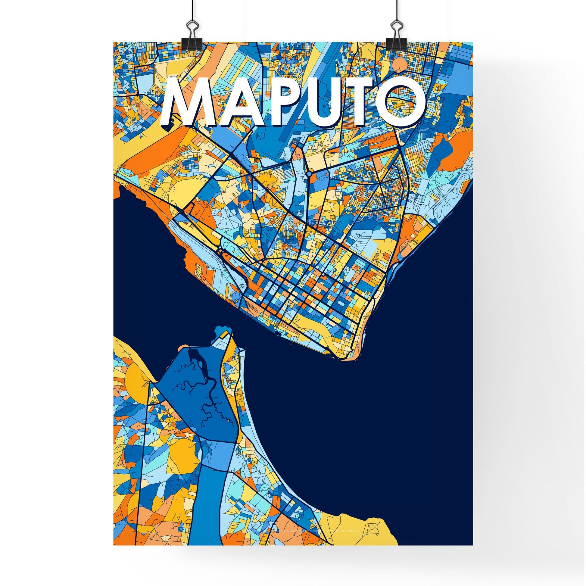 MAPUTO MOZAMBIQUE Vibrant Colorful Art Map Poster Blue Orange