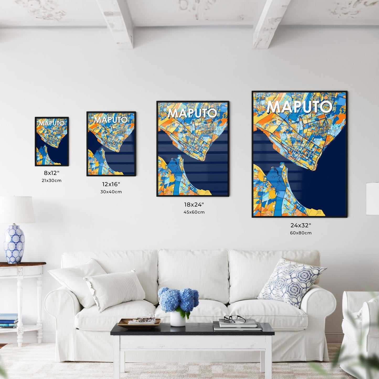 MAPUTO MOZAMBIQUE Vibrant Colorful Art Map Poster Blue Orange