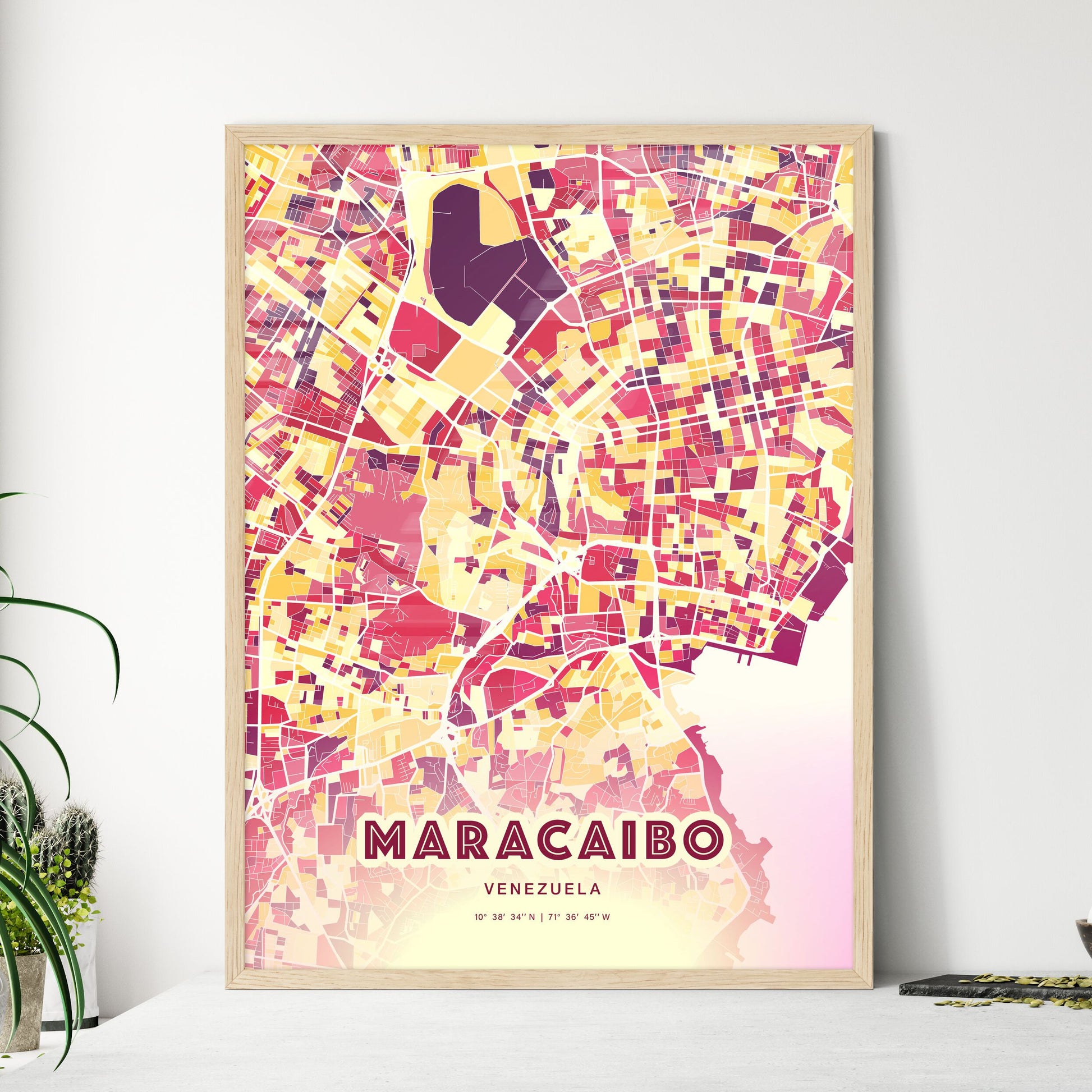 Colorful Maracaibo Venezuela Fine Art Map Hot Red