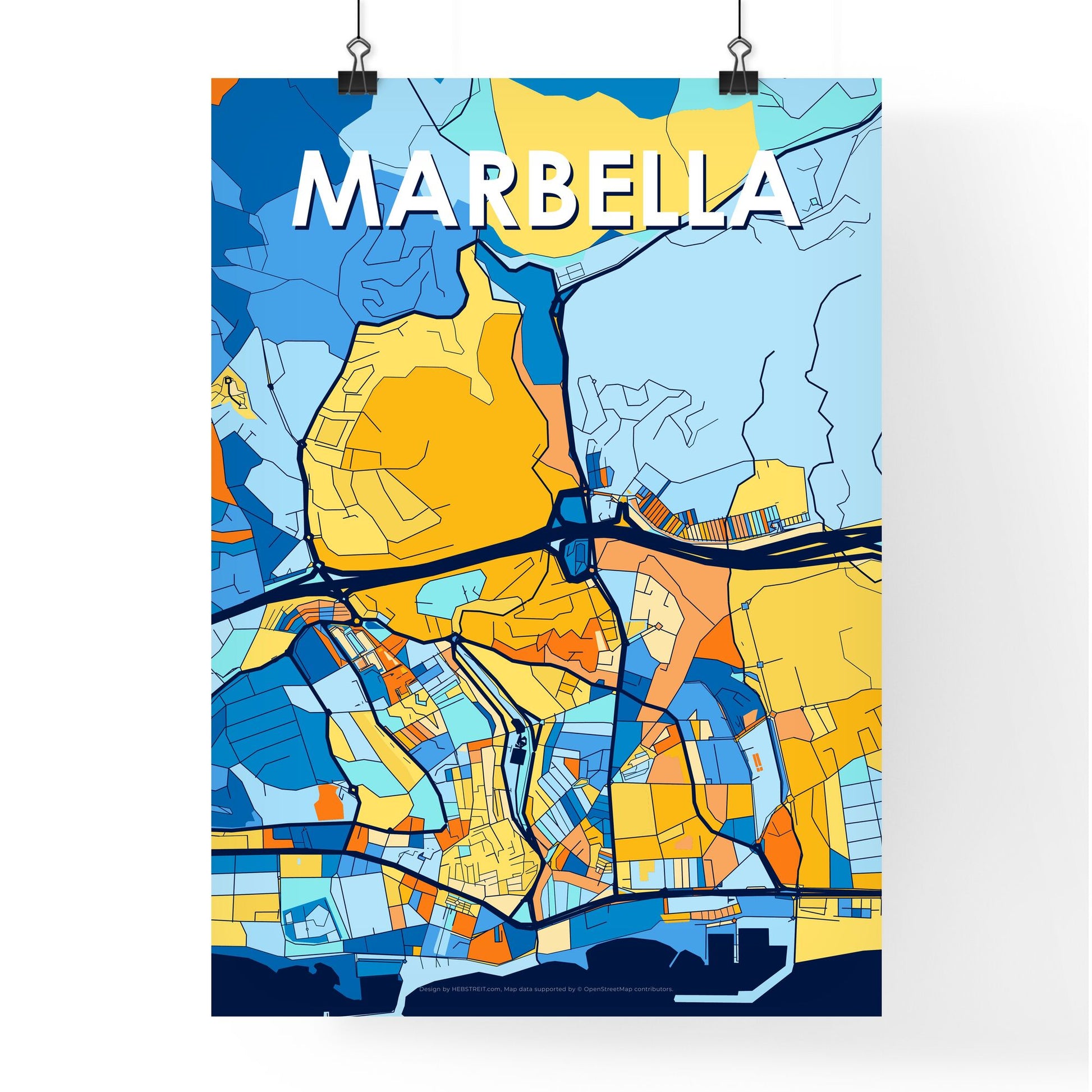 MARBELLA SPAIN Vibrant Colorful Art Map Poster Blue Orange