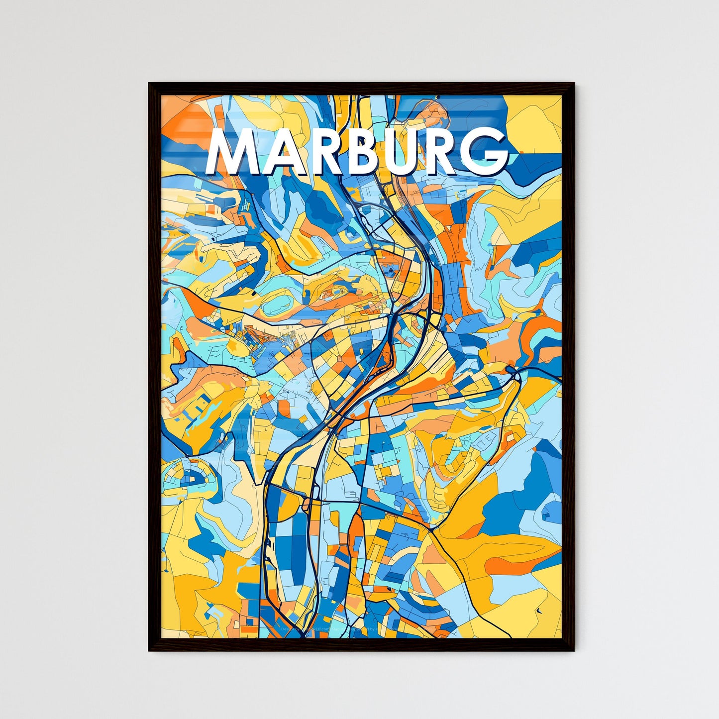 MARBURG GERMANY Vibrant Colorful Art Map Poster Blue Orange