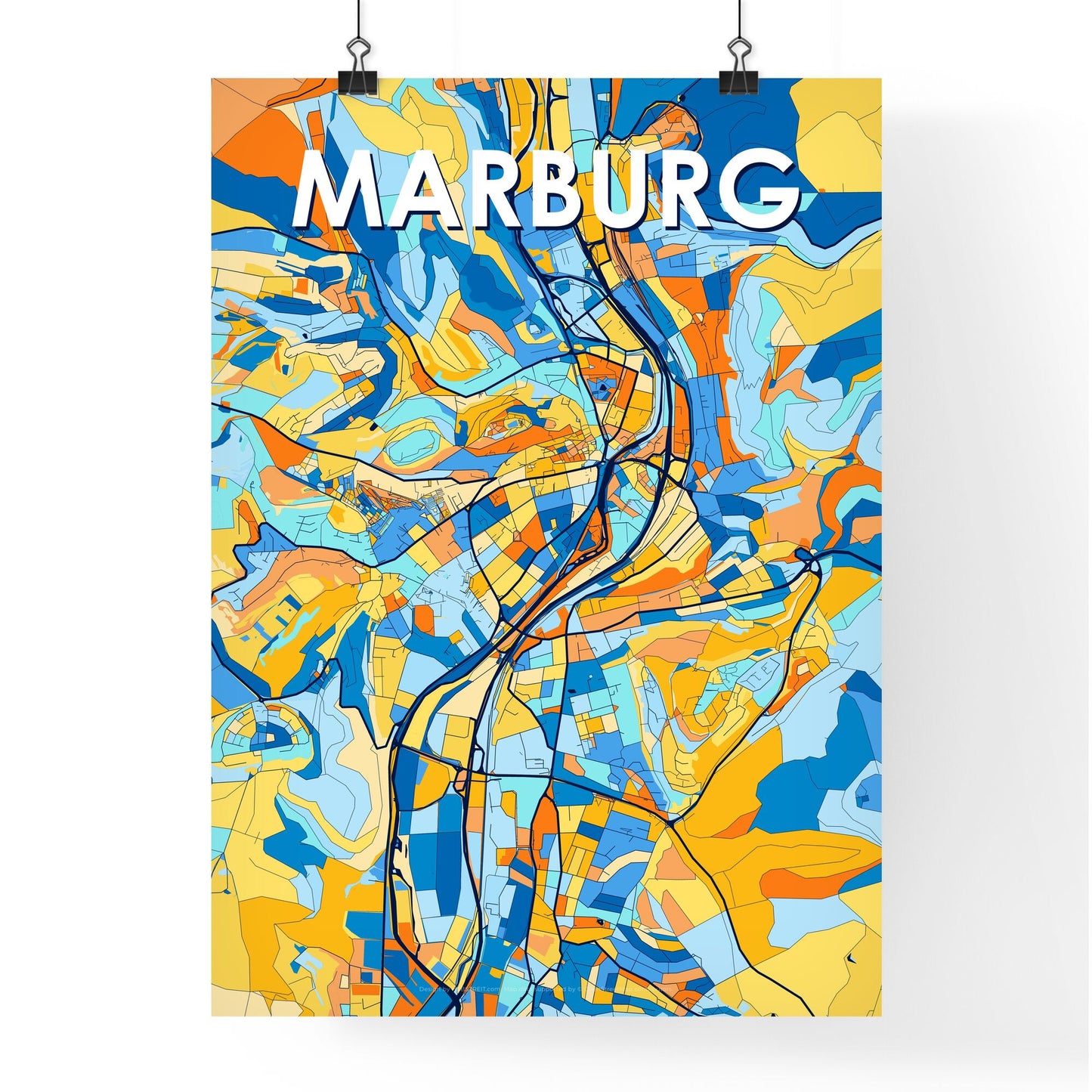 MARBURG GERMANY Vibrant Colorful Art Map Poster Blue Orange