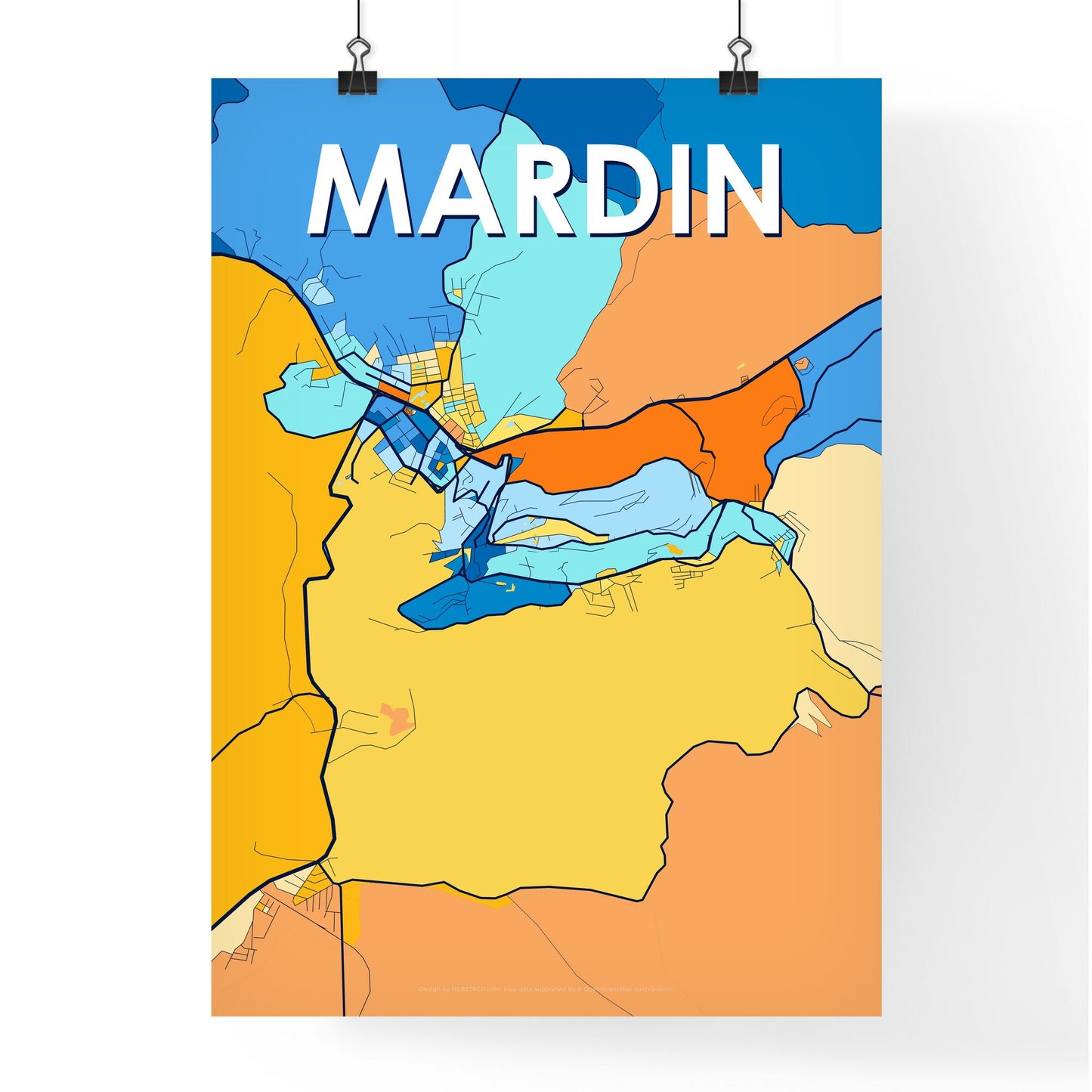 MARDIN TURKEY Vibrant Colorful Art Map Poster Blue Orange