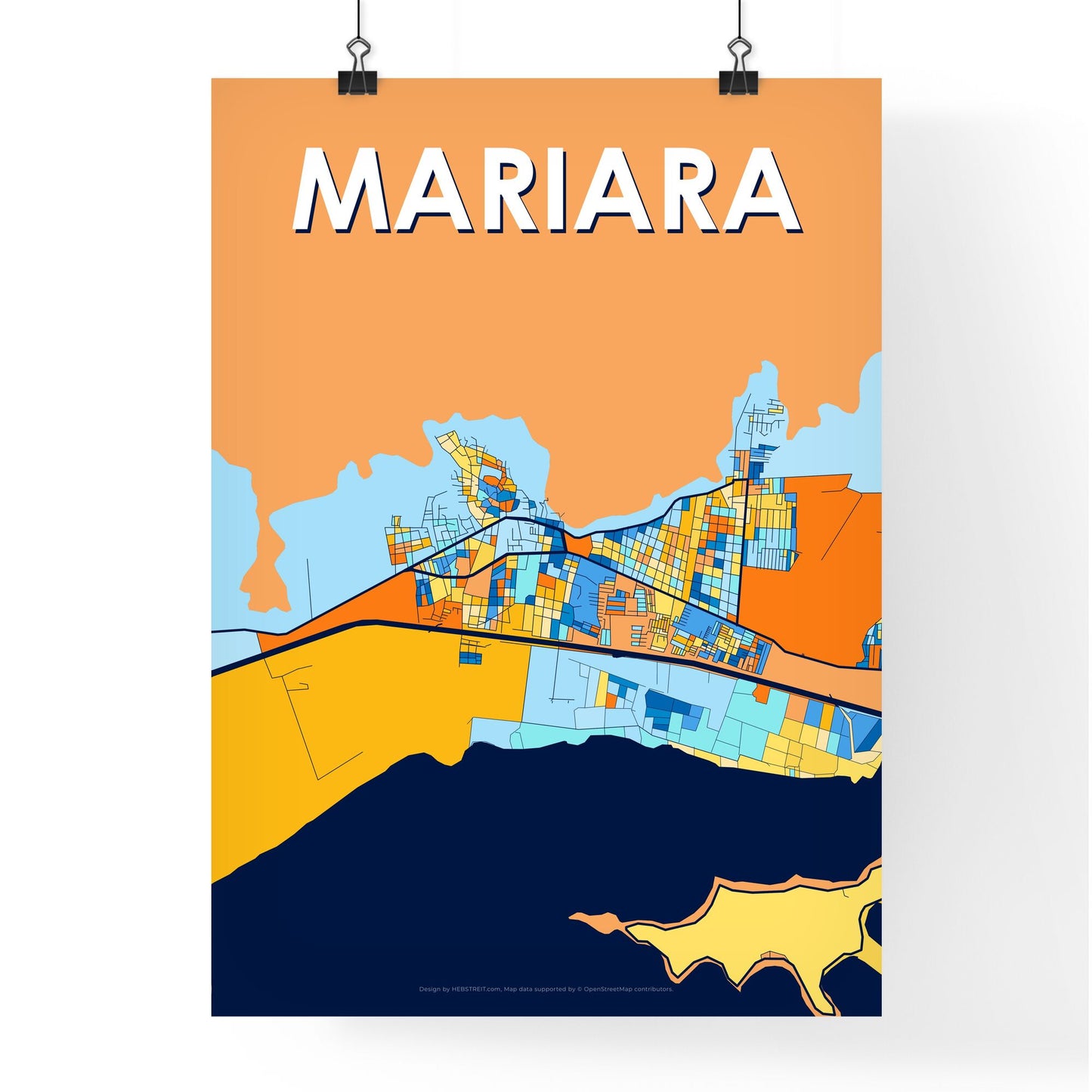 MARIARA VENEZUELA Vibrant Colorful Art Map Poster Blue Orange