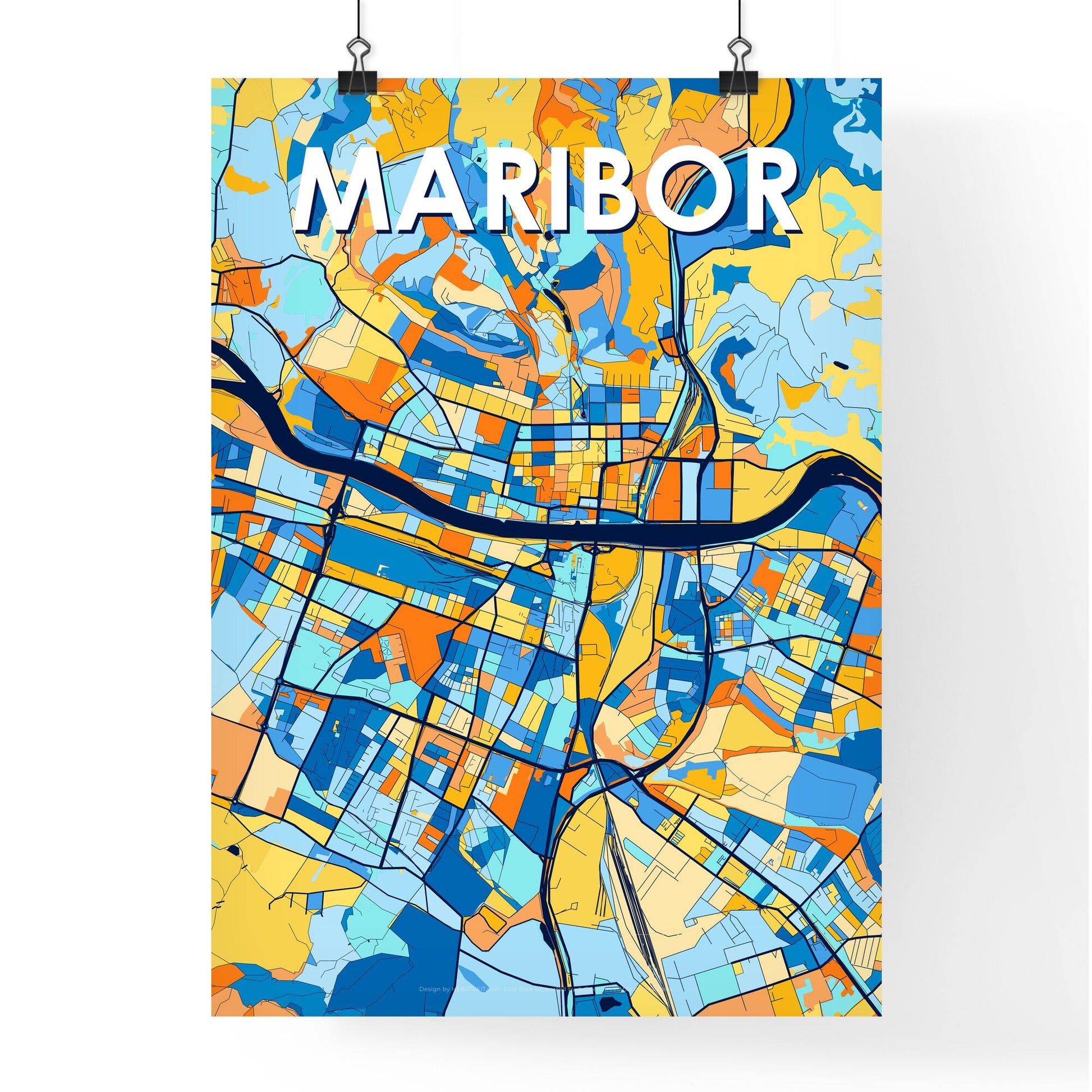 MARIBOR SLOVENIA Vibrant Colorful Art Map Poster Blue Orange