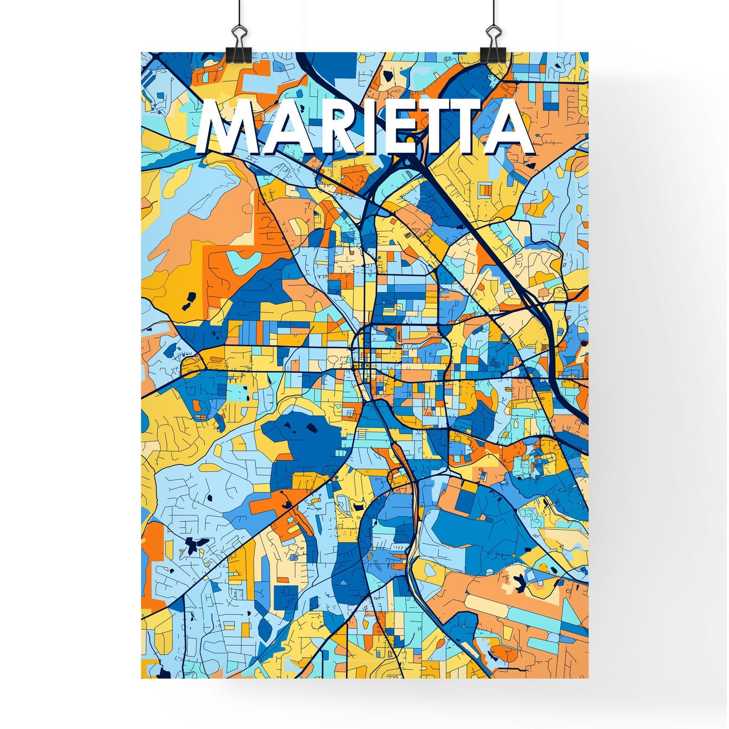 MARIETTA GEORGIA Vibrant Colorful Art Map Poster Blue Orange