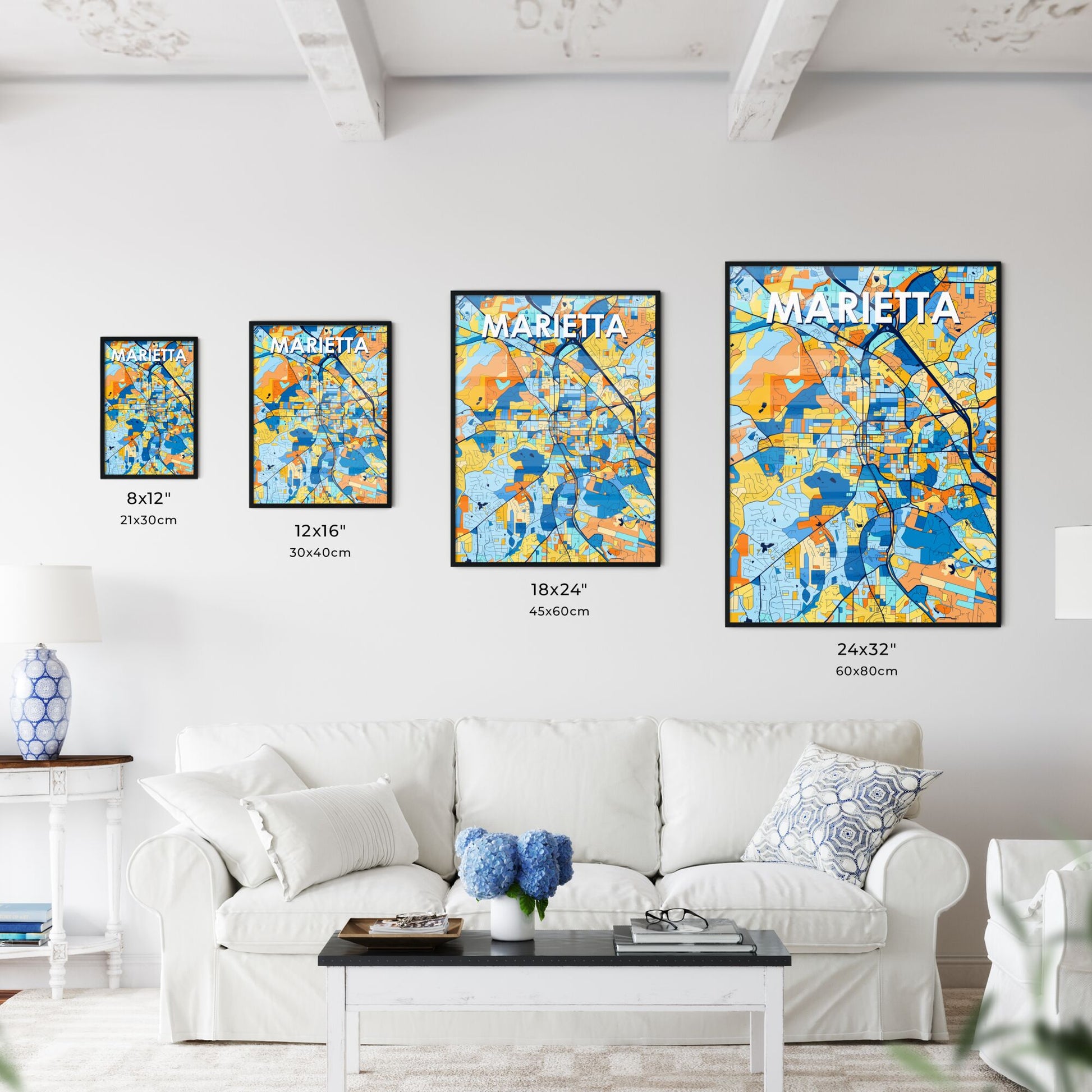 MARIETTA GEORGIA Vibrant Colorful Art Map Poster Blue Orange