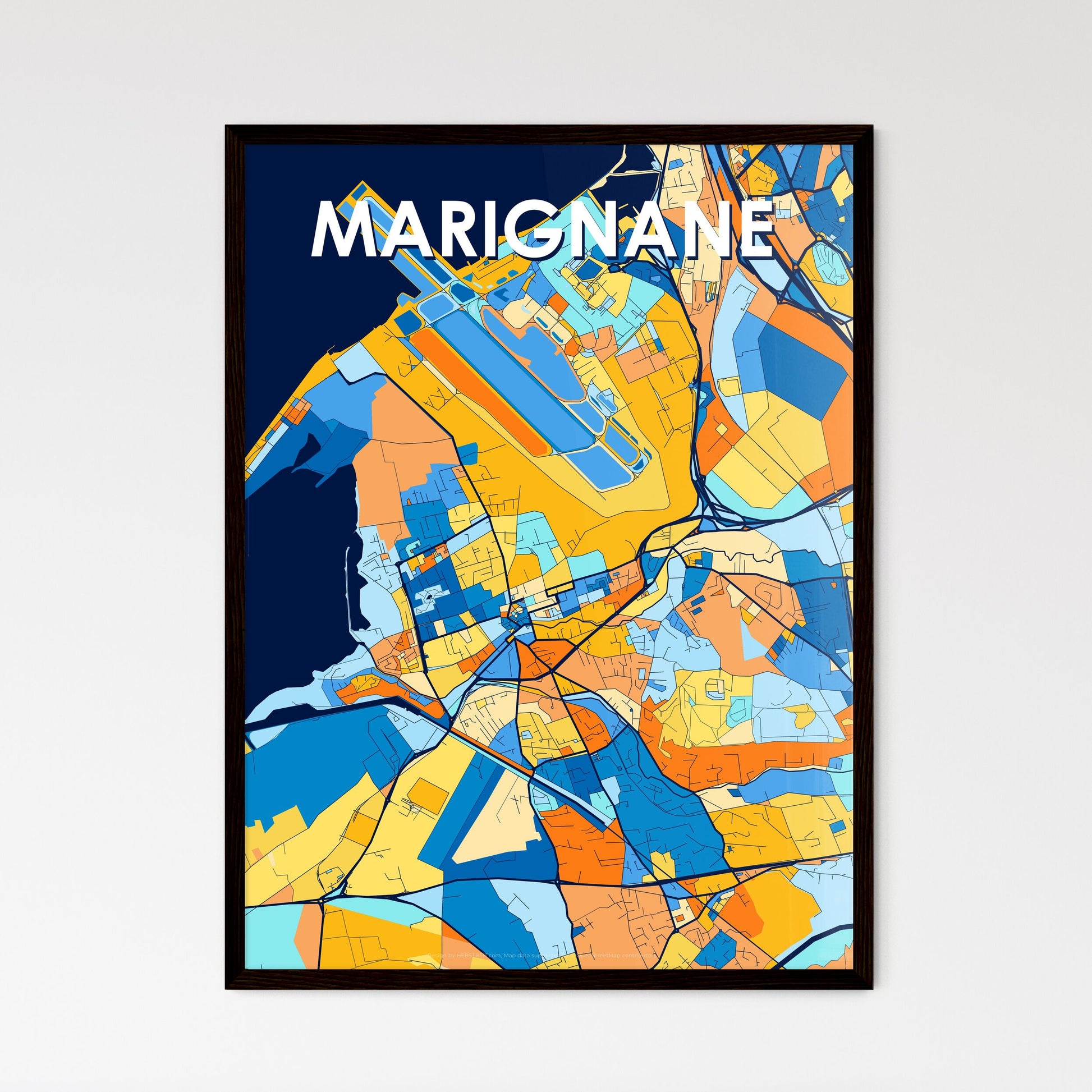 MARIGNANE FRANCE Vibrant Colorful Art Map Poster Blue Orange