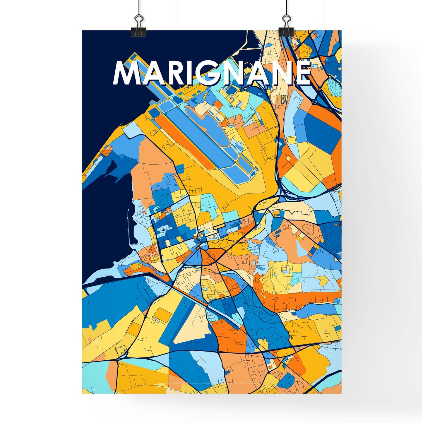 MARIGNANE FRANCE Vibrant Colorful Art Map Poster Blue Orange