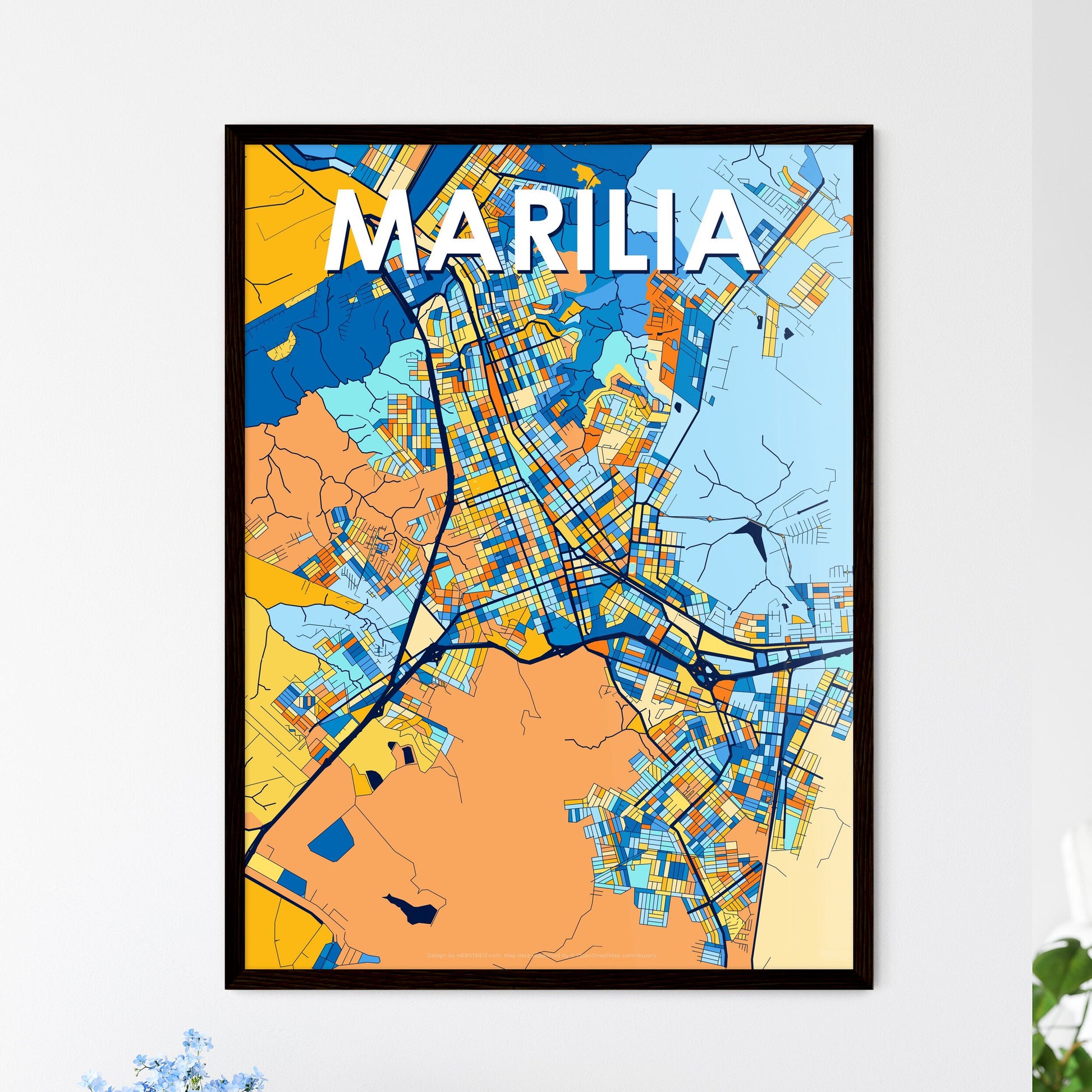 MARILIA BRAZIL Vibrant Colorful Art Map Poster Blue Orange