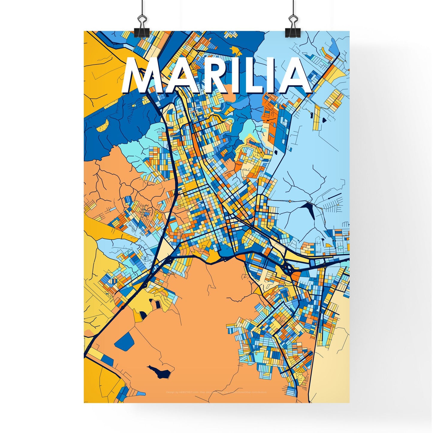 MARILIA BRAZIL Vibrant Colorful Art Map Poster Blue Orange