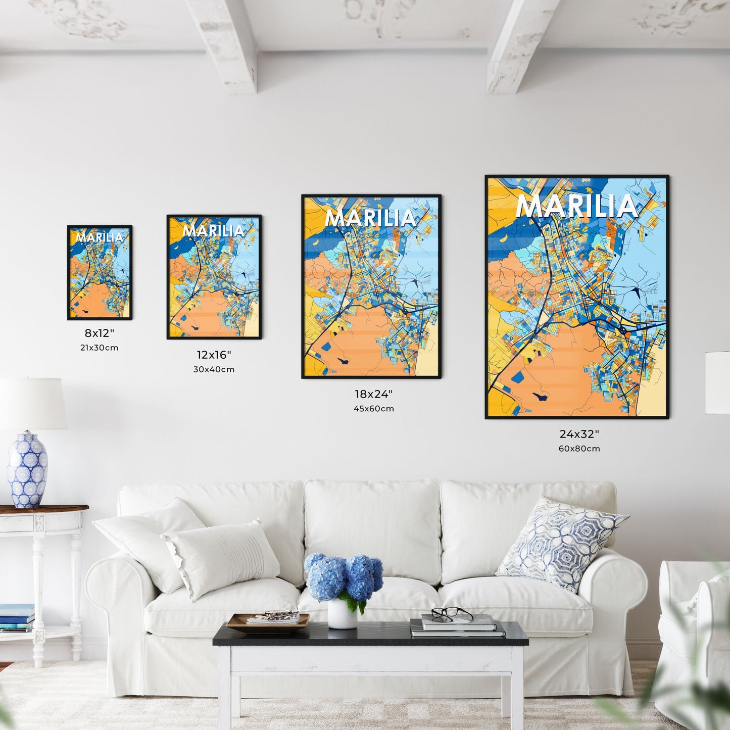 MARILIA BRAZIL Vibrant Colorful Art Map Poster Blue Orange