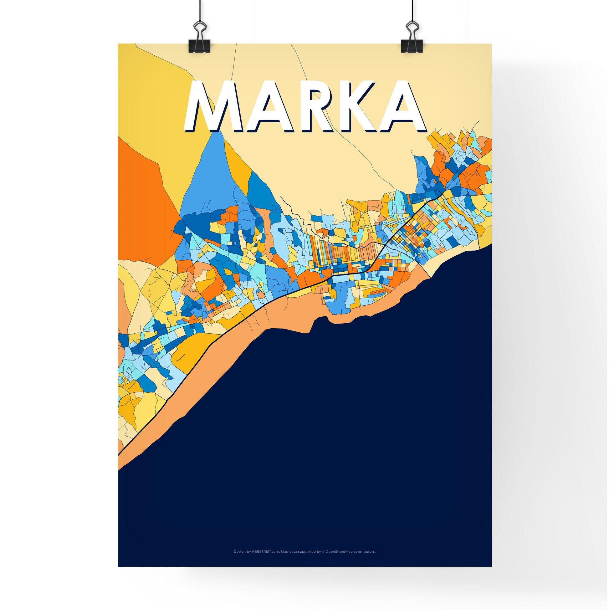 MARKA SOMALIA Vibrant Colorful Art Map Poster Blue Orange