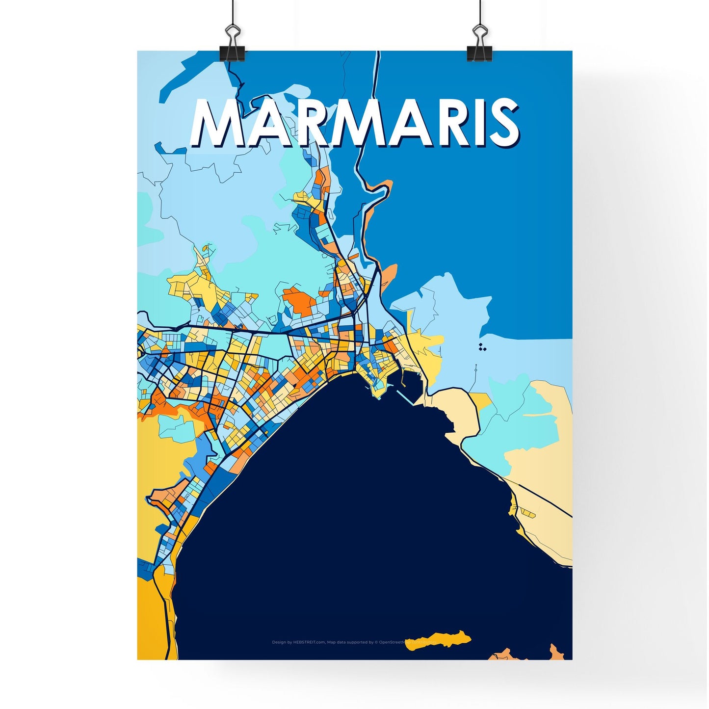 MARMARIS TURKEY Vibrant Colorful Art Map Poster Blue Orange