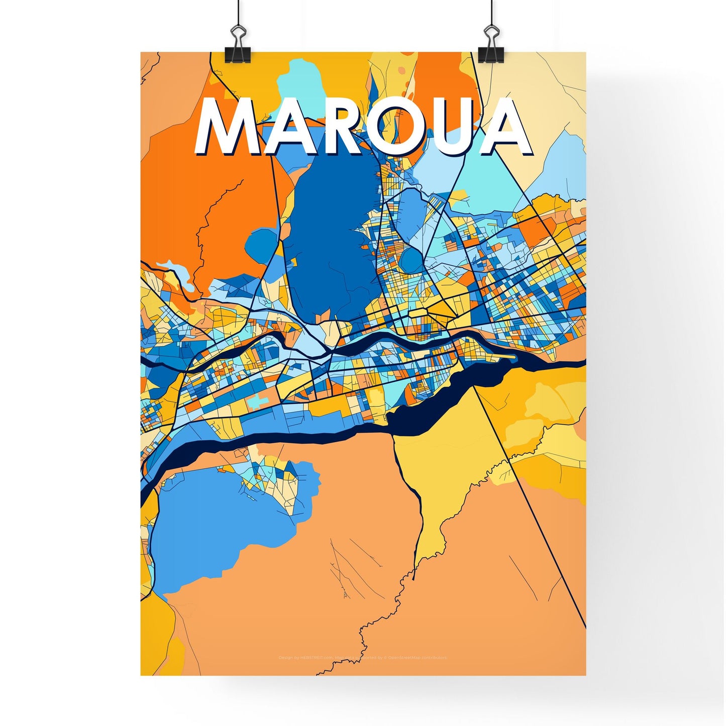 MAROUA CAMEROON Vibrant Colorful Art Map Poster Blue Orange