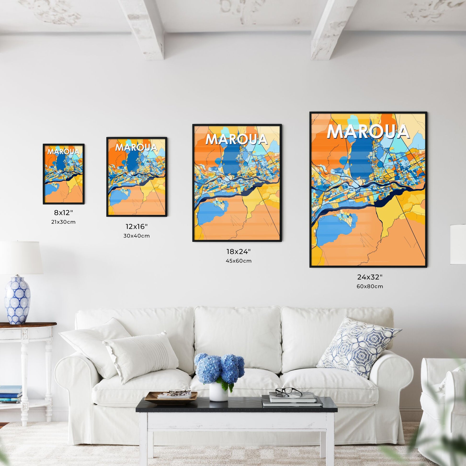 MAROUA CAMEROON Vibrant Colorful Art Map Poster Blue Orange