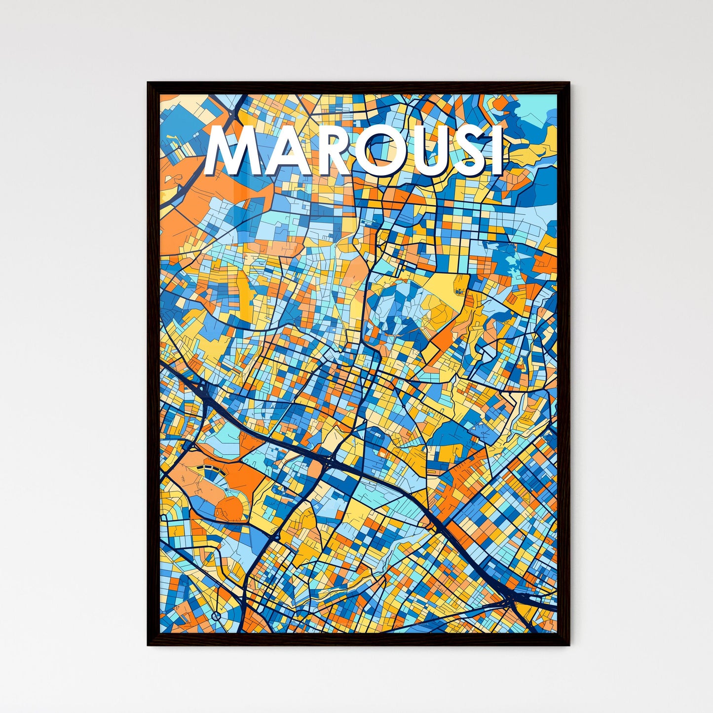 MAROUSI GREECE Vibrant Colorful Art Map Poster Blue Orange