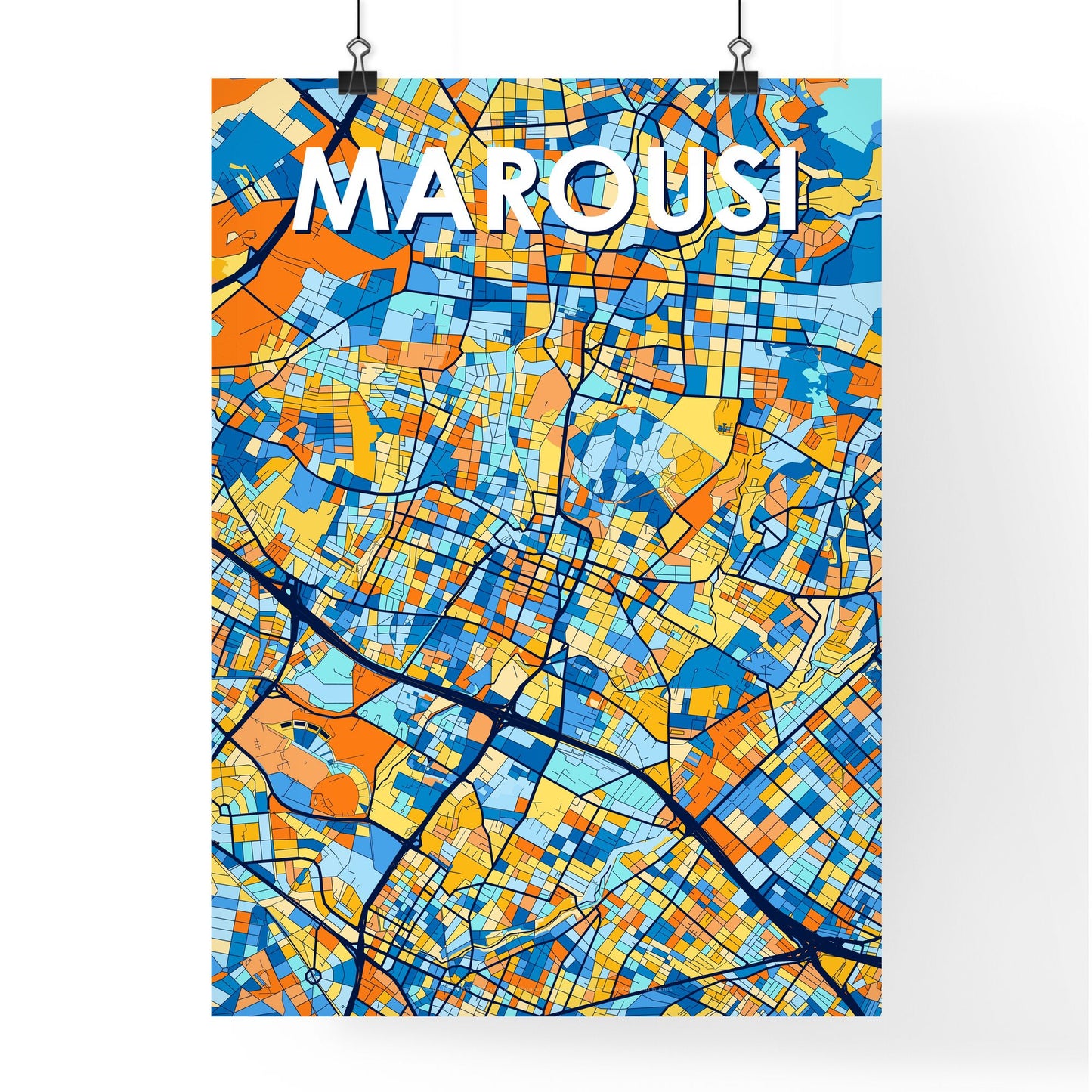 MAROUSI GREECE Vibrant Colorful Art Map Poster Blue Orange