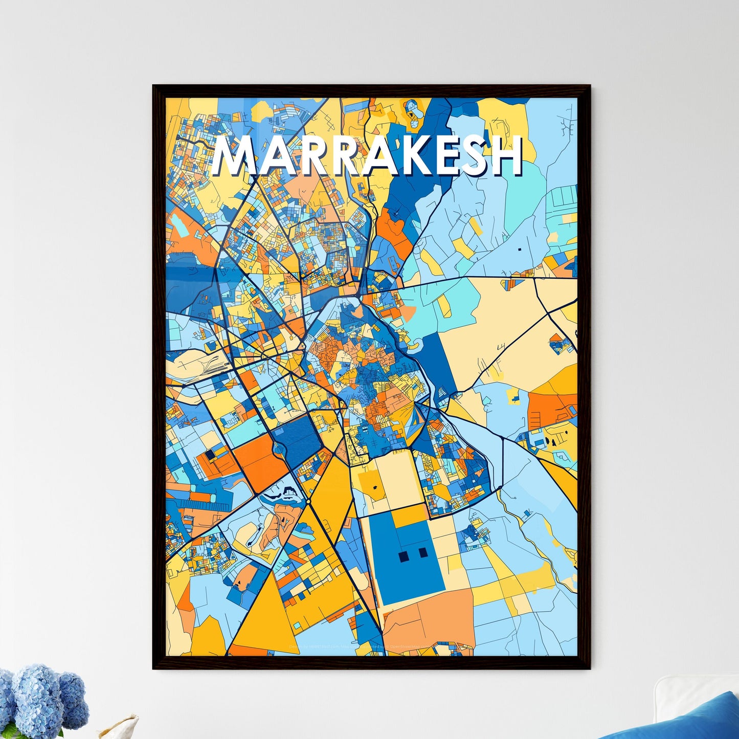 MARRAKESH MOROCCO Vibrant Colorful Art Map Poster Blue Orange