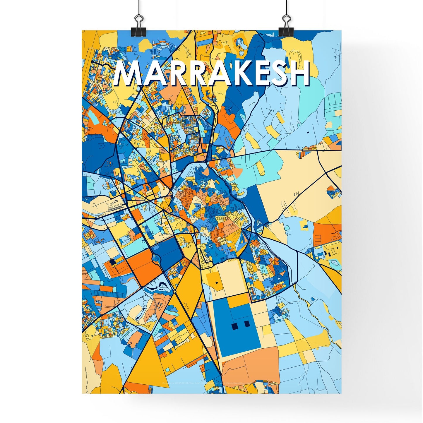 MARRAKESH MOROCCO Vibrant Colorful Art Map Poster Blue Orange