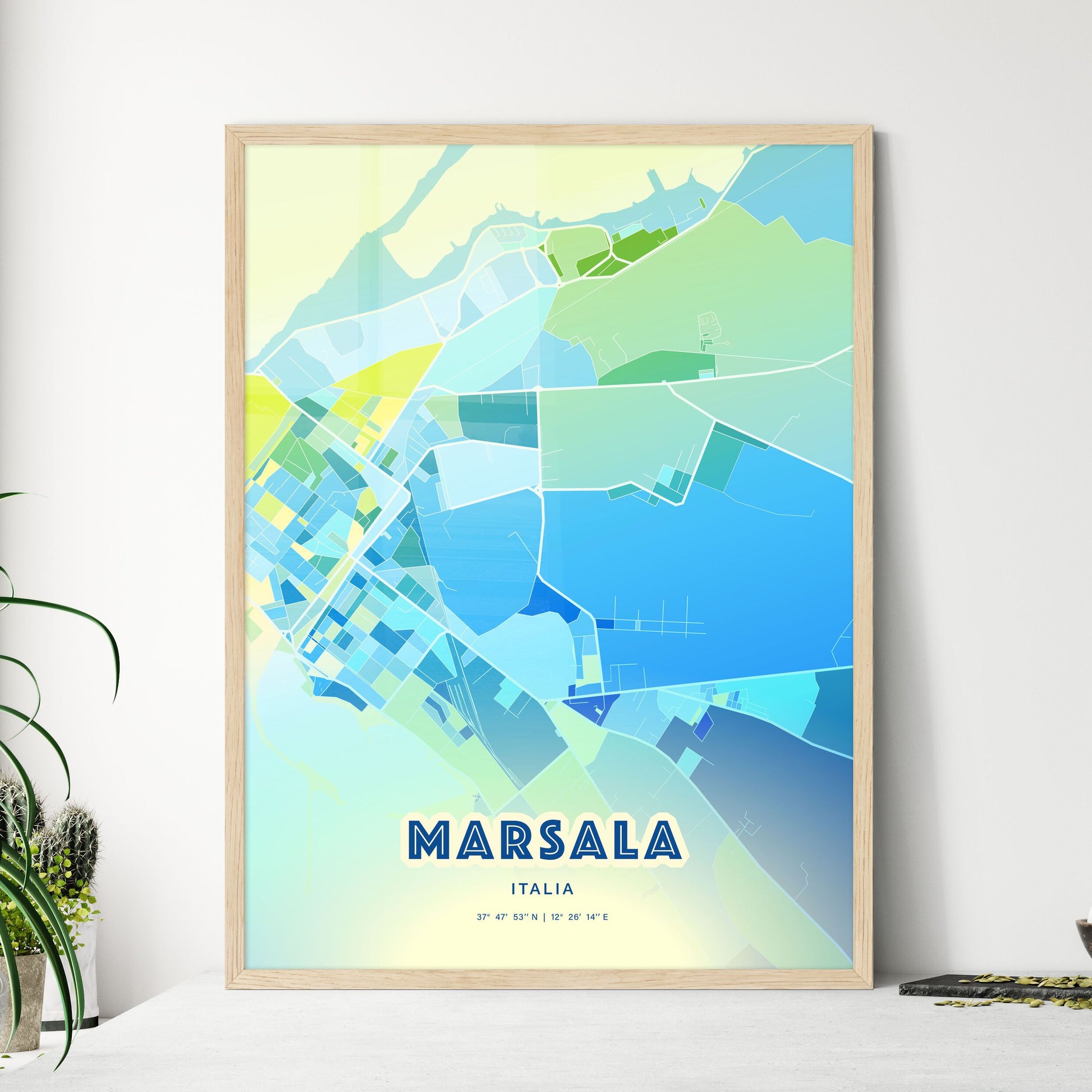 Colorful Marsala Italy Fine Art Map Cool Blue