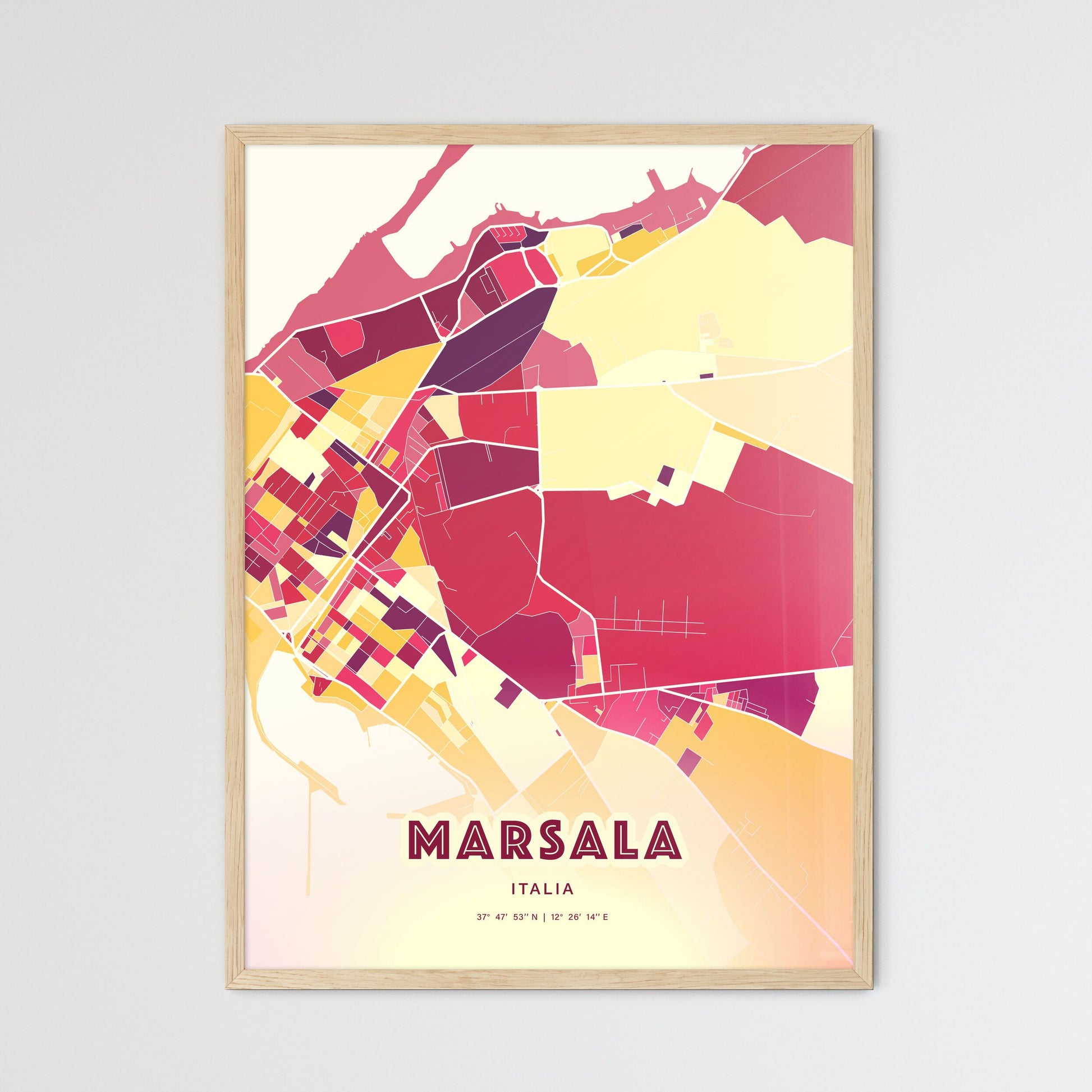Colorful Marsala Italy Fine Art Map Hot Red