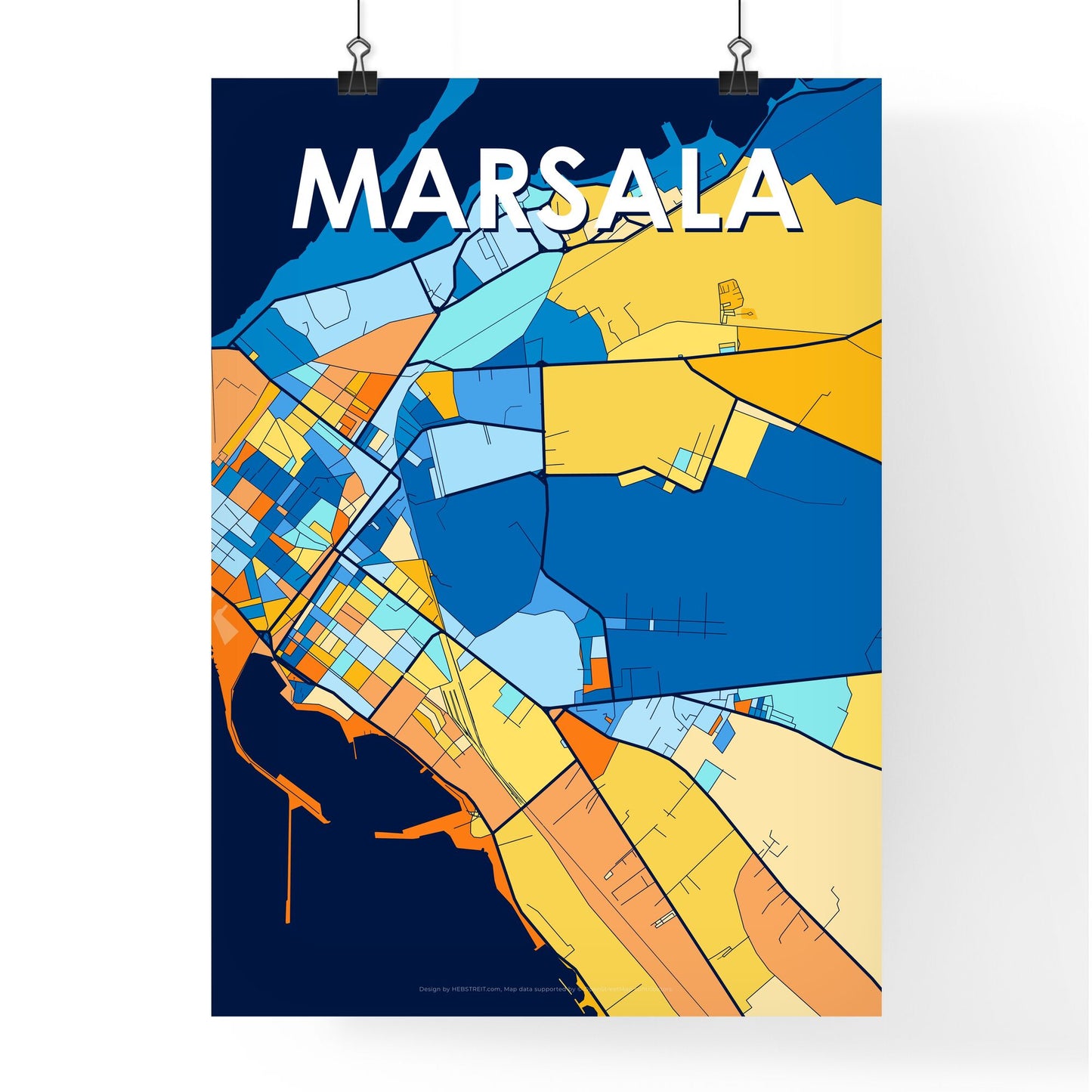 MARSALA ITALY Vibrant Colorful Art Map Poster Blue Orange