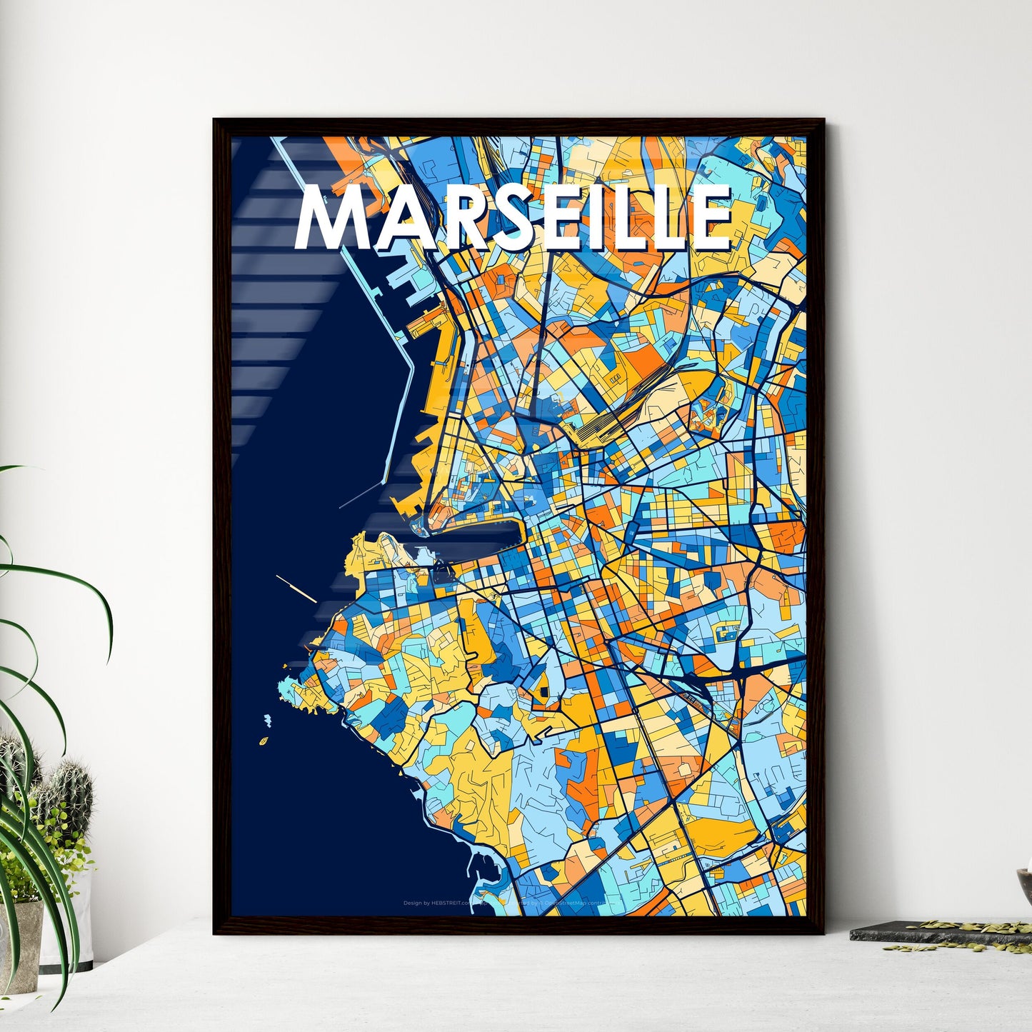 MARSEILLE FRANCE Vibrant Colorful Art Map Poster Blue Orange