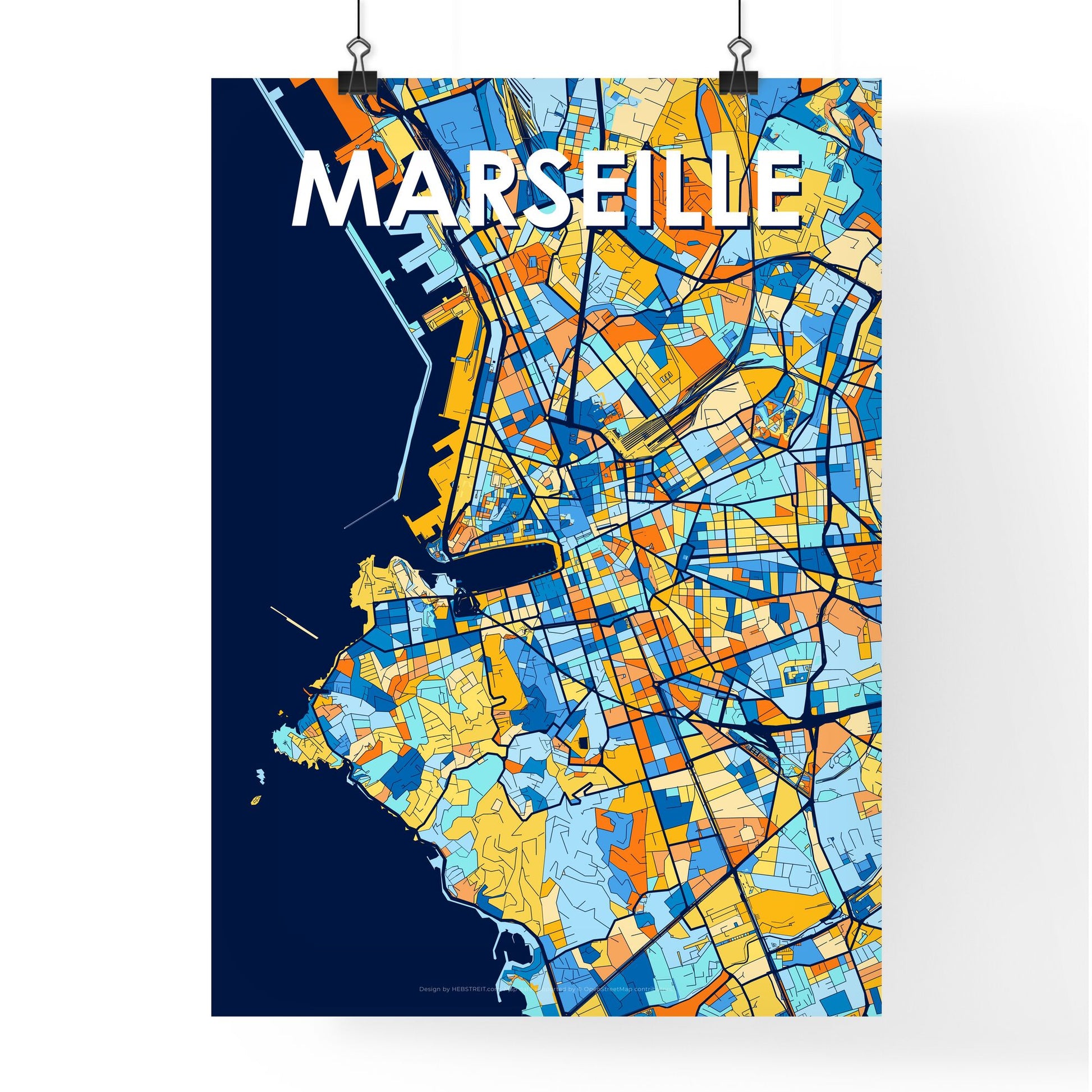 MARSEILLE FRANCE Vibrant Colorful Art Map Poster Blue Orange