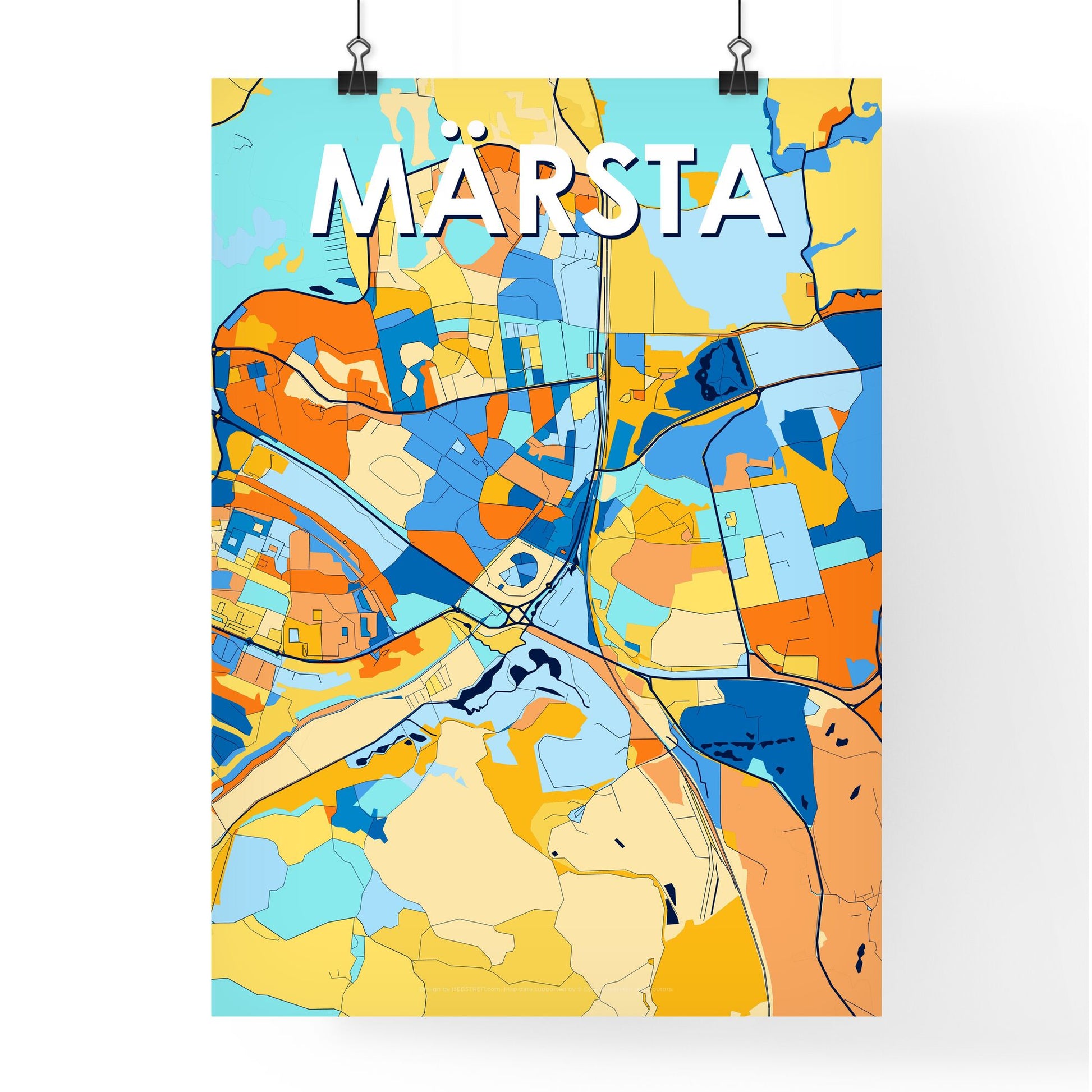 MÄRSTA SWEDEN Vibrant Colorful Art Map Poster Blue Orange