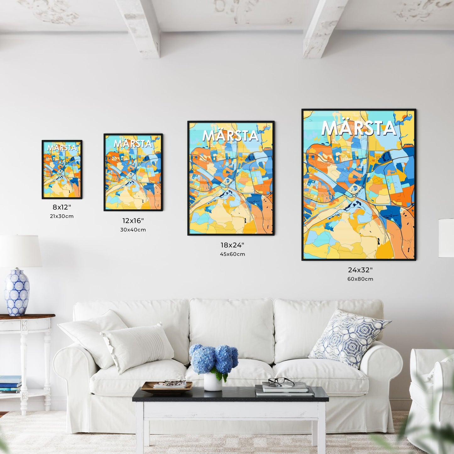 MÄRSTA SWEDEN Vibrant Colorful Art Map Poster Blue Orange