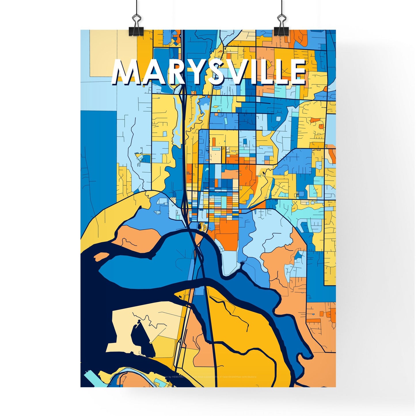 MARYSVILLE WASHINGTON Vibrant Colorful Art Map Poster Blue Orange