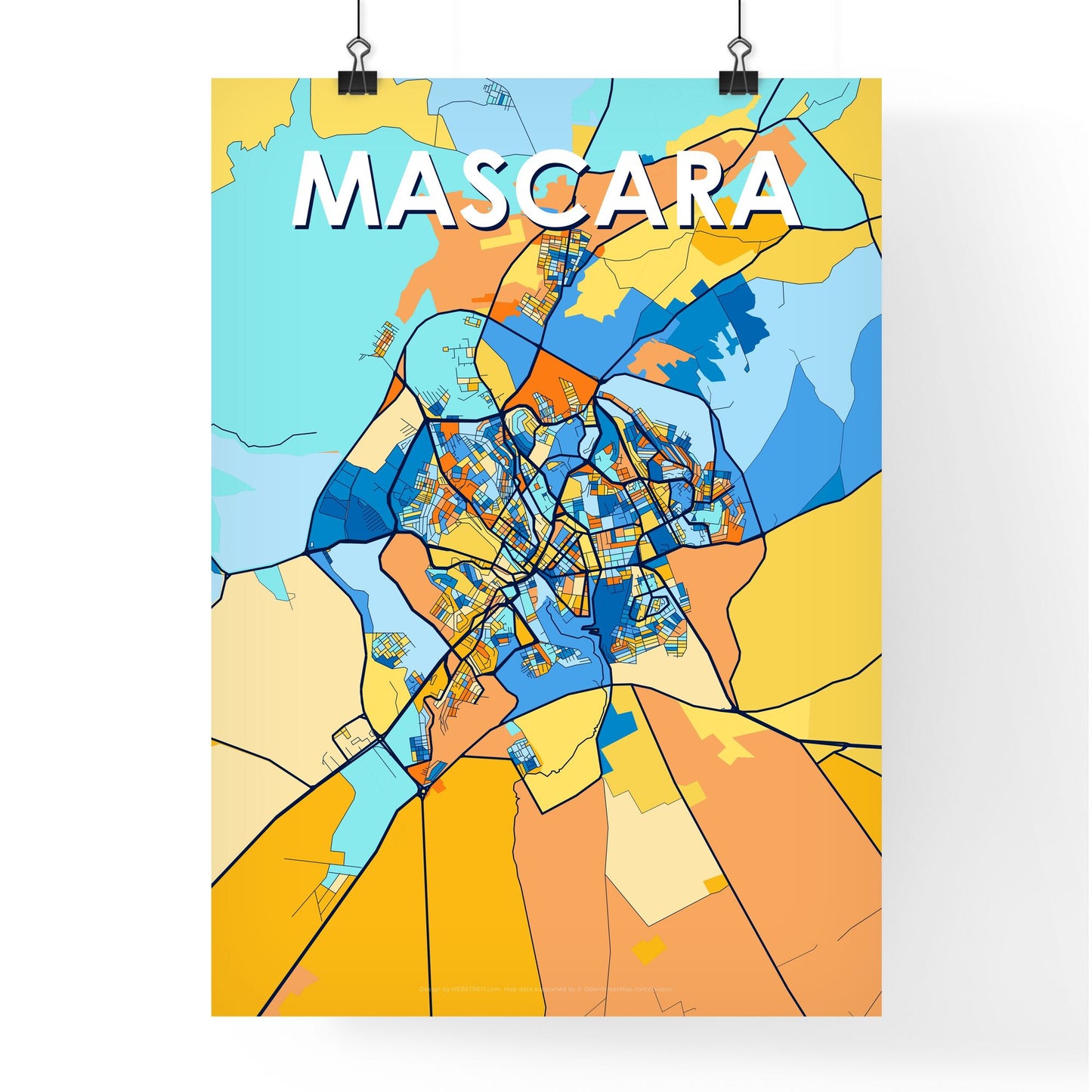 MASCARA ALGERIA Vibrant Colorful Art Map Poster Blue Orange