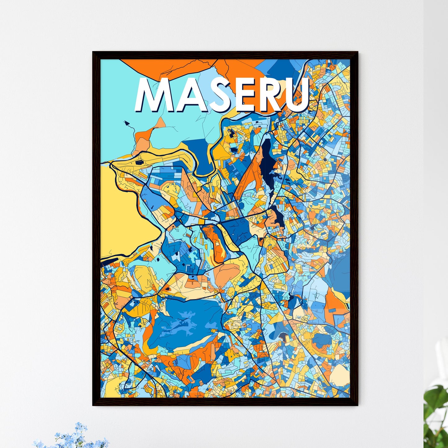 MASERU LESOTHO Vibrant Colorful Art Map Poster Blue Orange