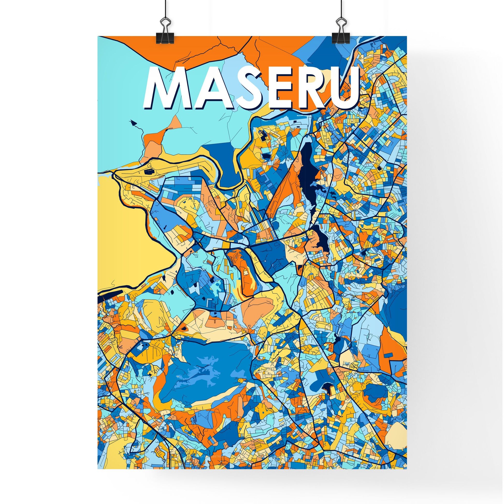 MASERU LESOTHO Vibrant Colorful Art Map Poster Blue Orange