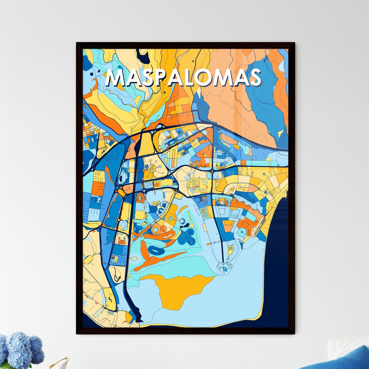 MASPALOMAS SPAIN Vibrant Colorful Art Map Poster Blue Orange